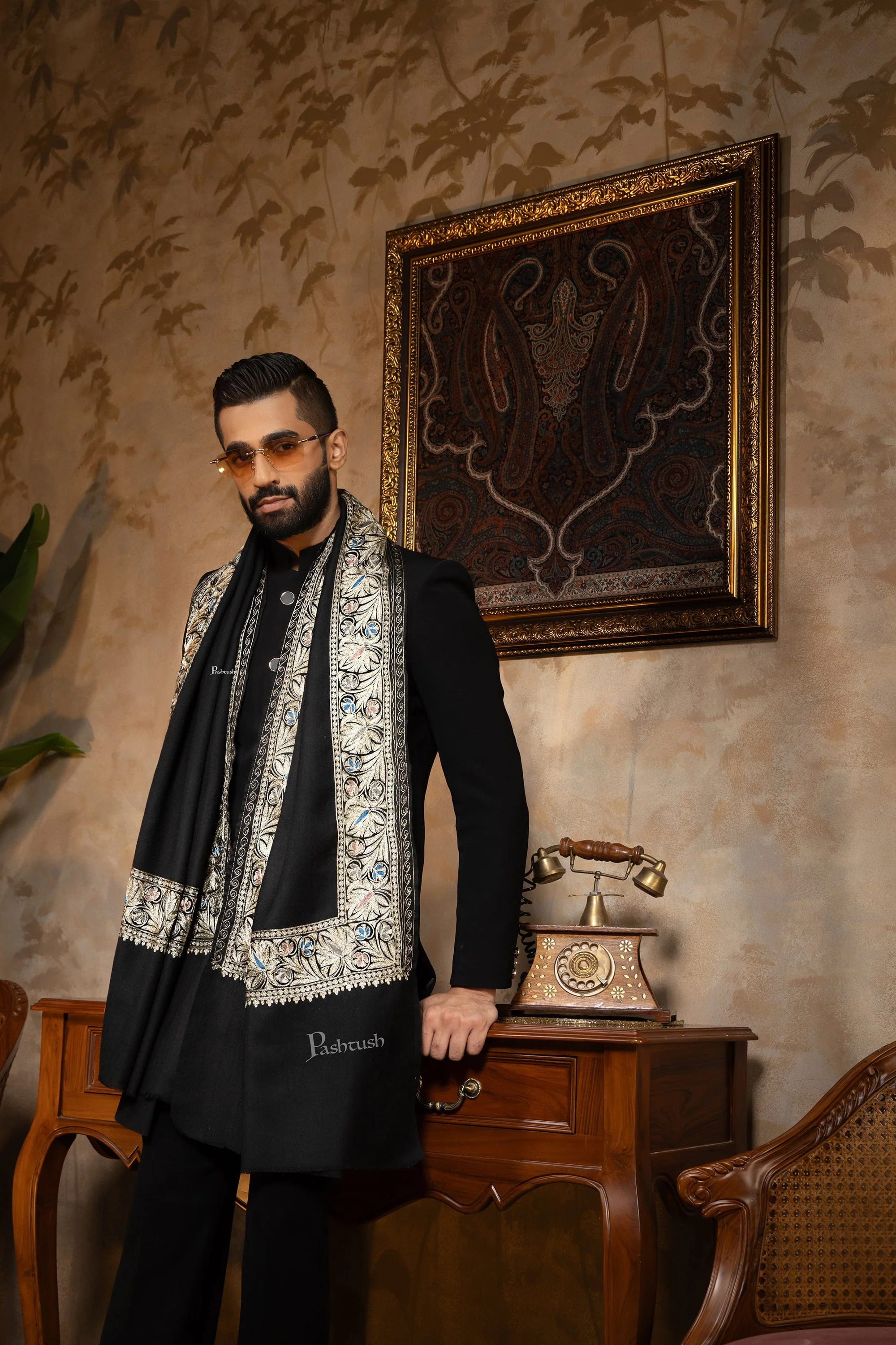 Pashtush Mens Stole, Kashmiri Tilla Embroidery, Border Design, Twilight Collection, Black - Image 4