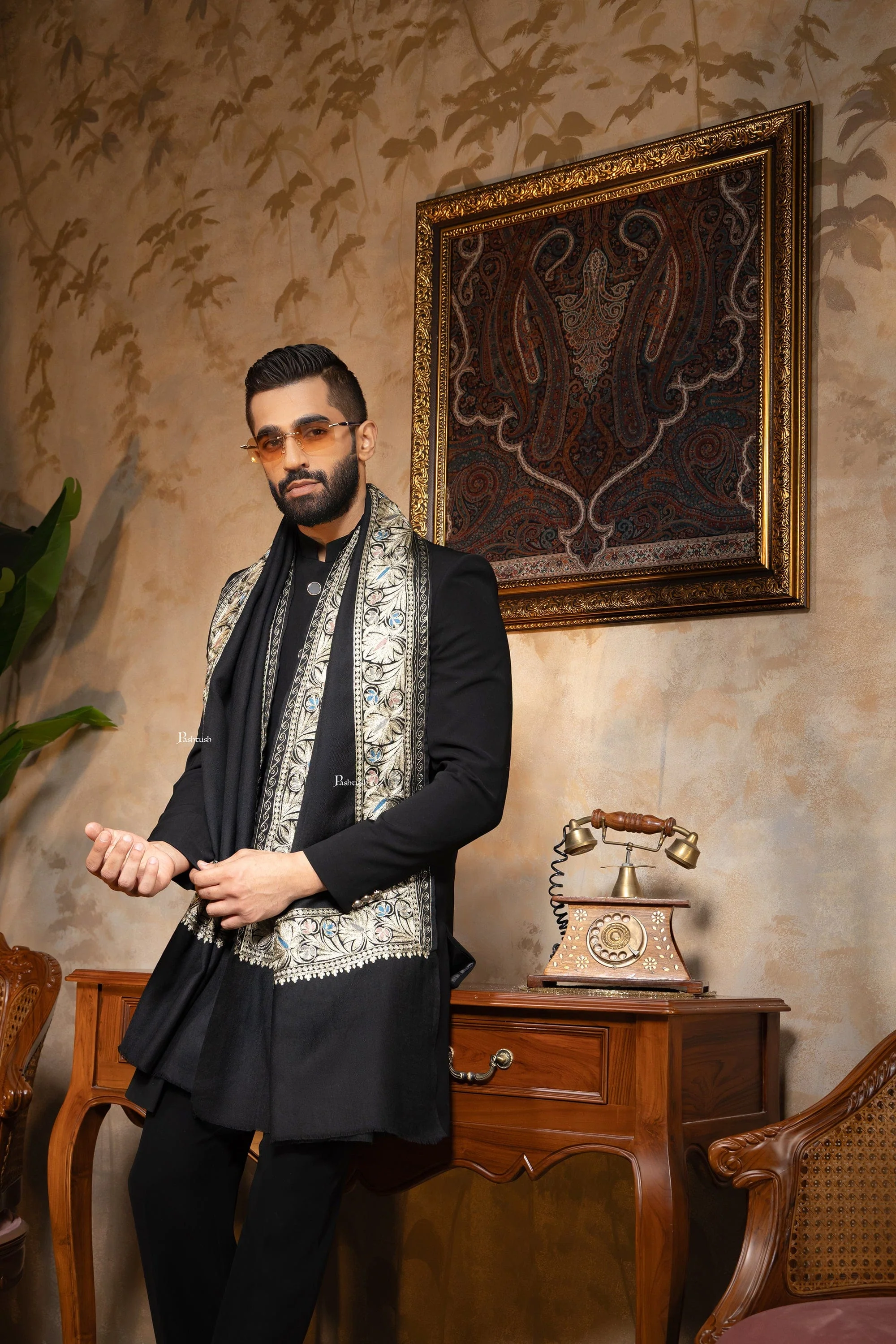 Pashtush Mens Stole, Kashmiri Tilla Embroidery, Border Design, Twilight Collection, Black - Image 5