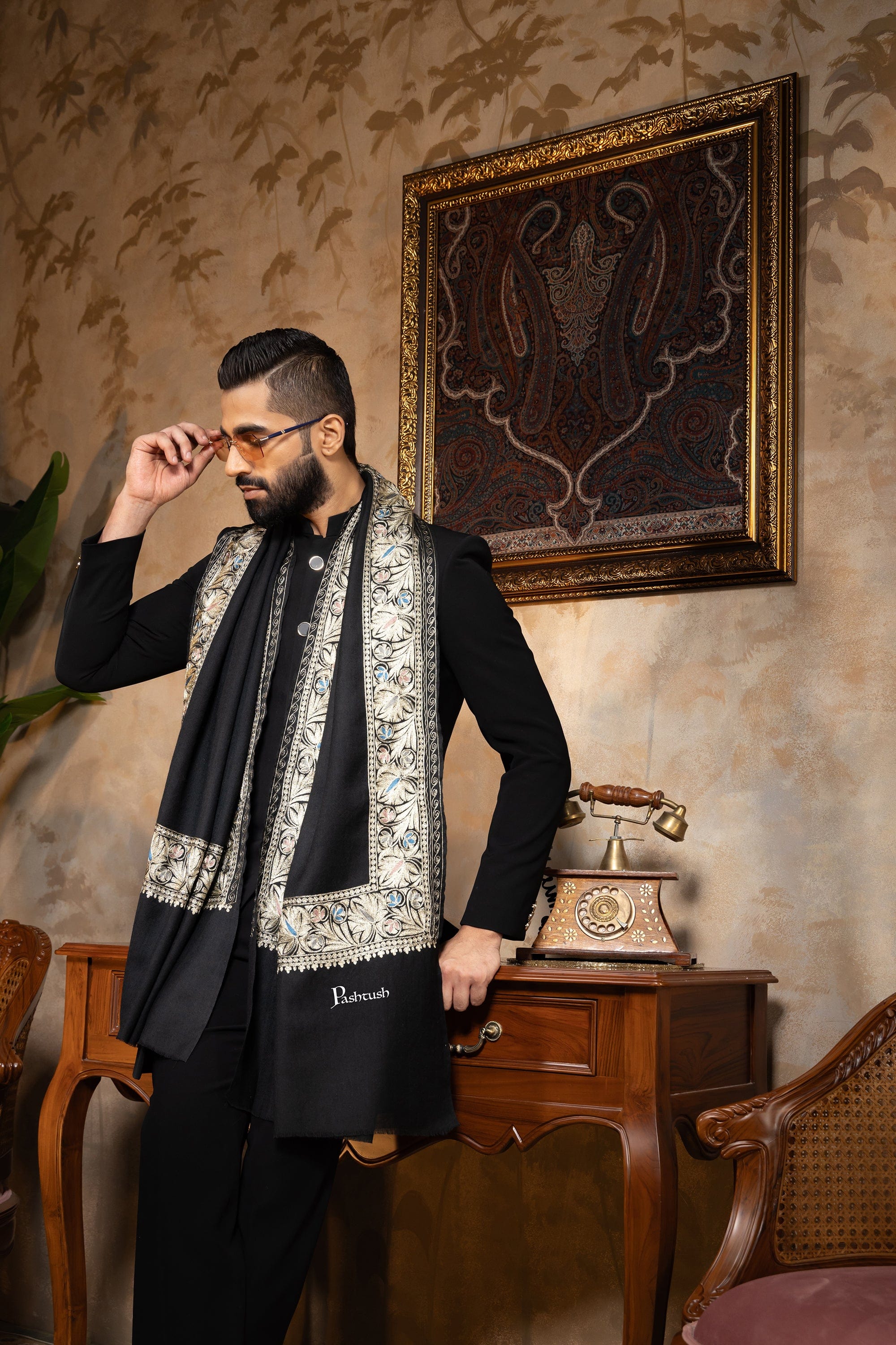 Pashtush Mens Stole, Kashmiri Tilla Embroidery, Border Design, Twilight Collection, Black - Image 6