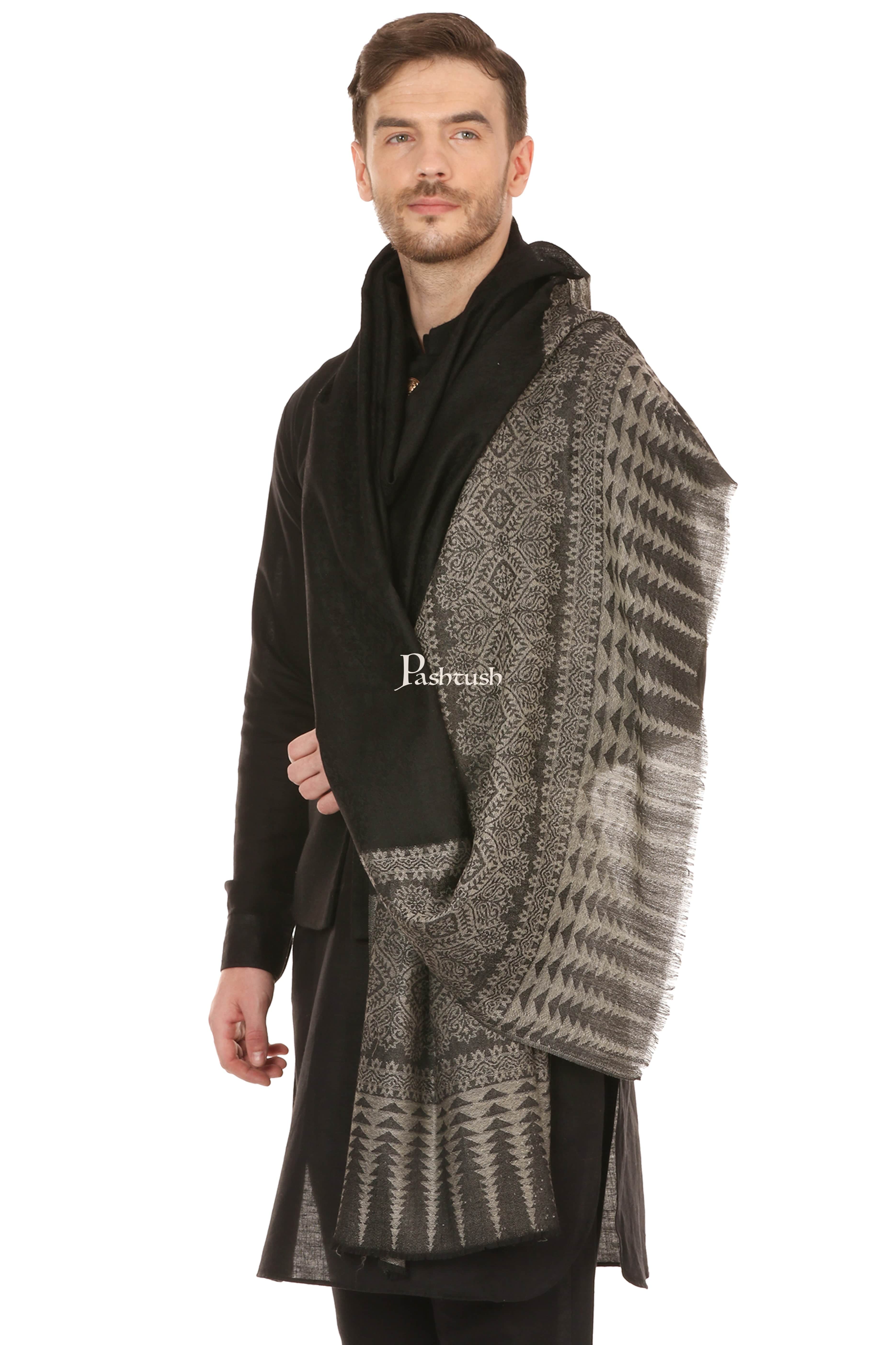 Pashtush Mens Stole Scarf, Extra Soft Wool - Rich Black
