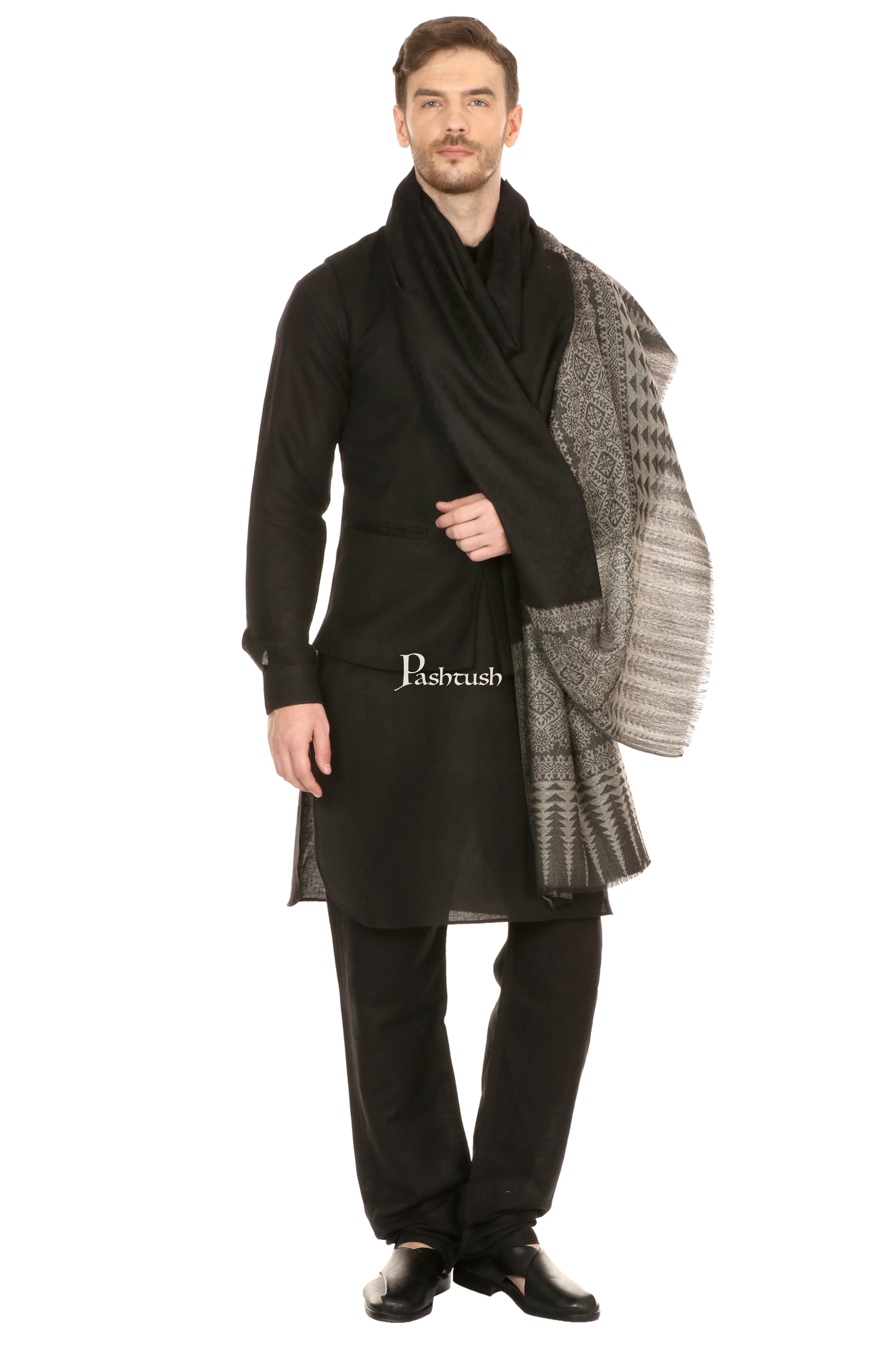 Pashtush Mens Stole Scarf, Extra Soft Wool - Rich Black - Image 2