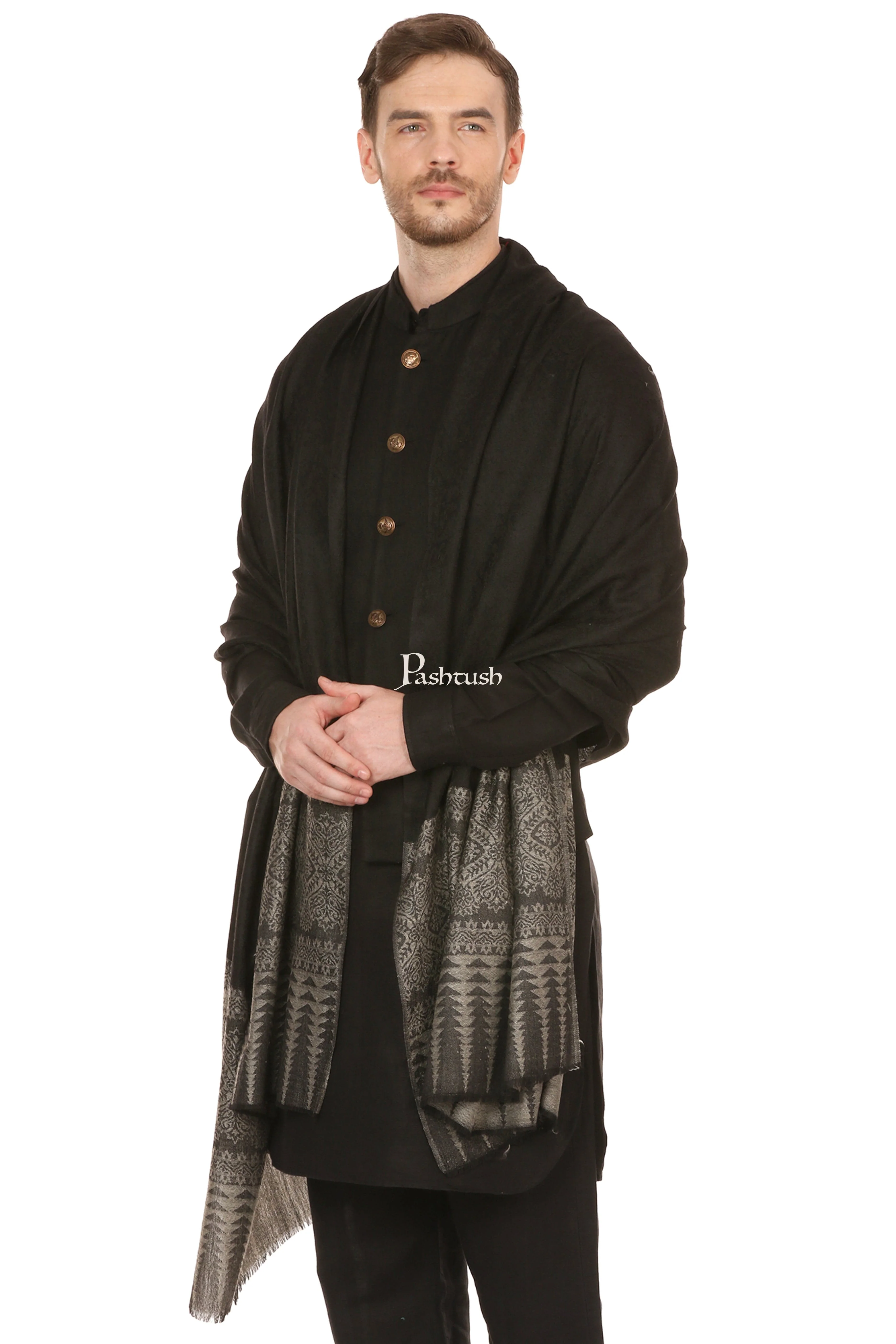 Pashtush Mens Stole Scarf, Extra Soft Wool - Rich Black - Image 3