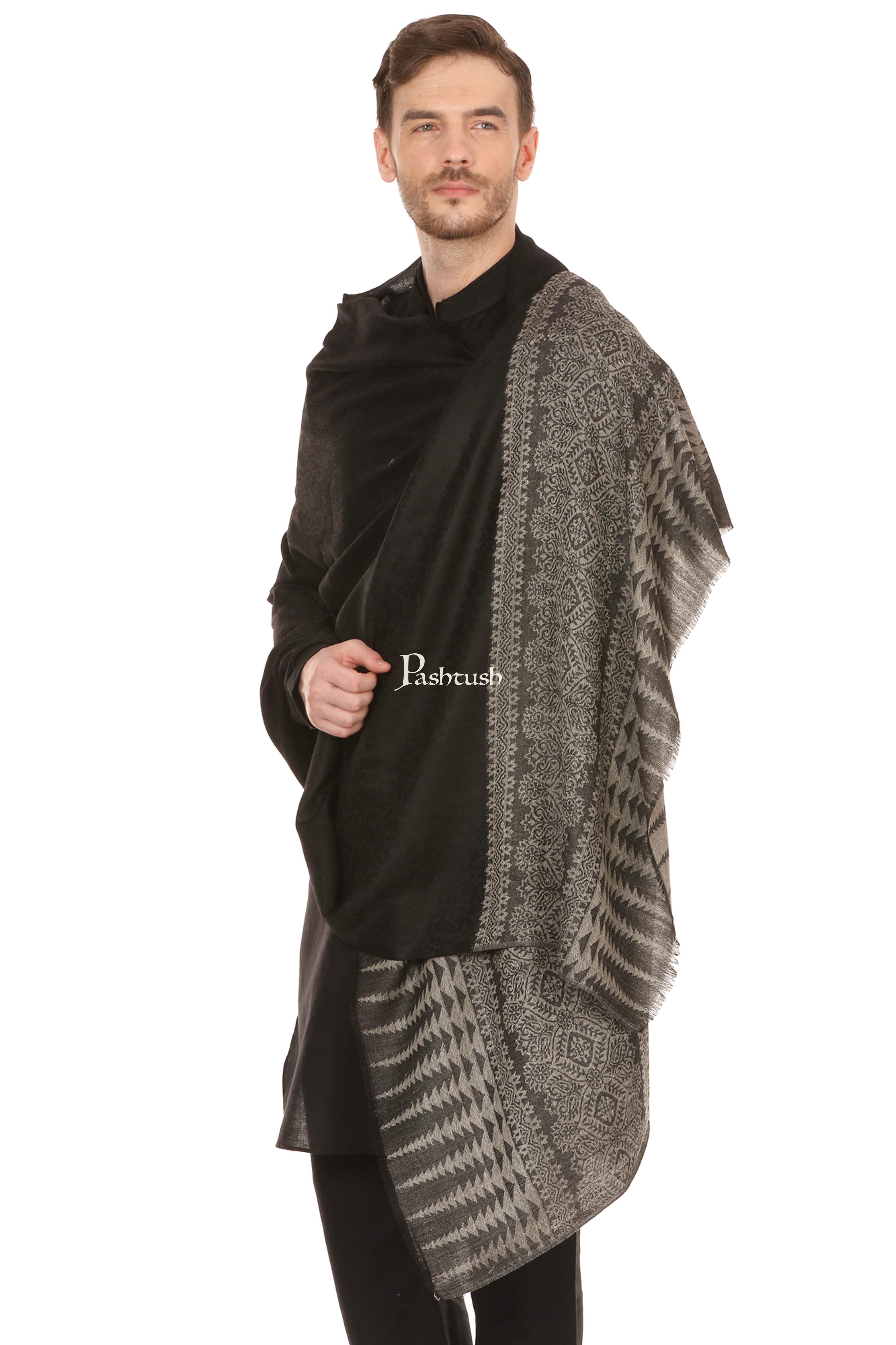 Pashtush Mens Stole Scarf, Extra Soft Wool - Rich Black - Image 4