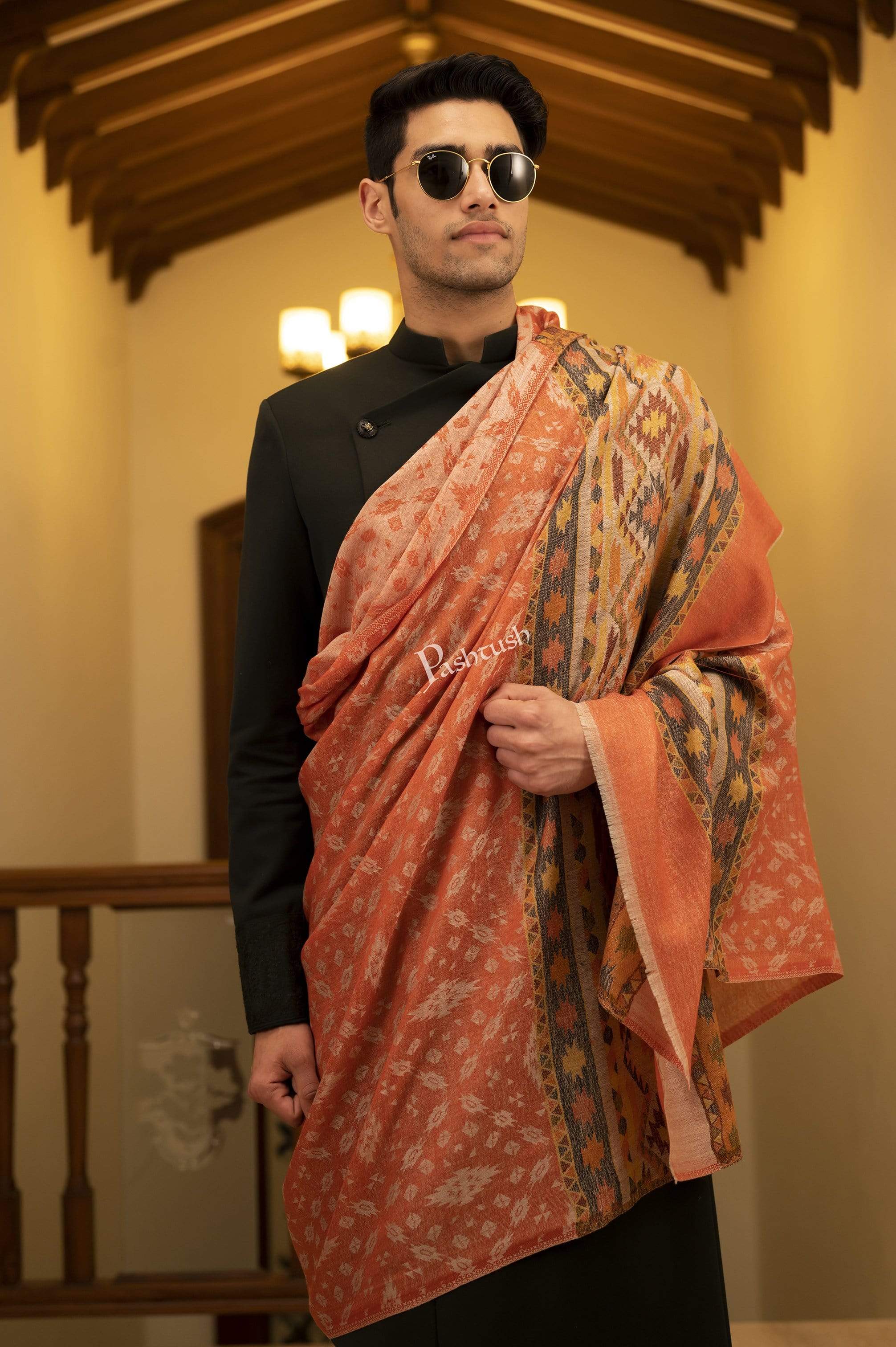 Pashtush Mens Stole Scarf, Extra Soft Wool Stole, Aztec Weave