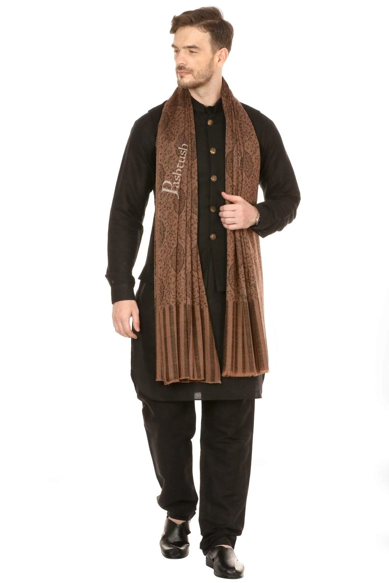Pashtush Mens Stole Scarf, Extra Soft Wool Stole - Black - Image 3