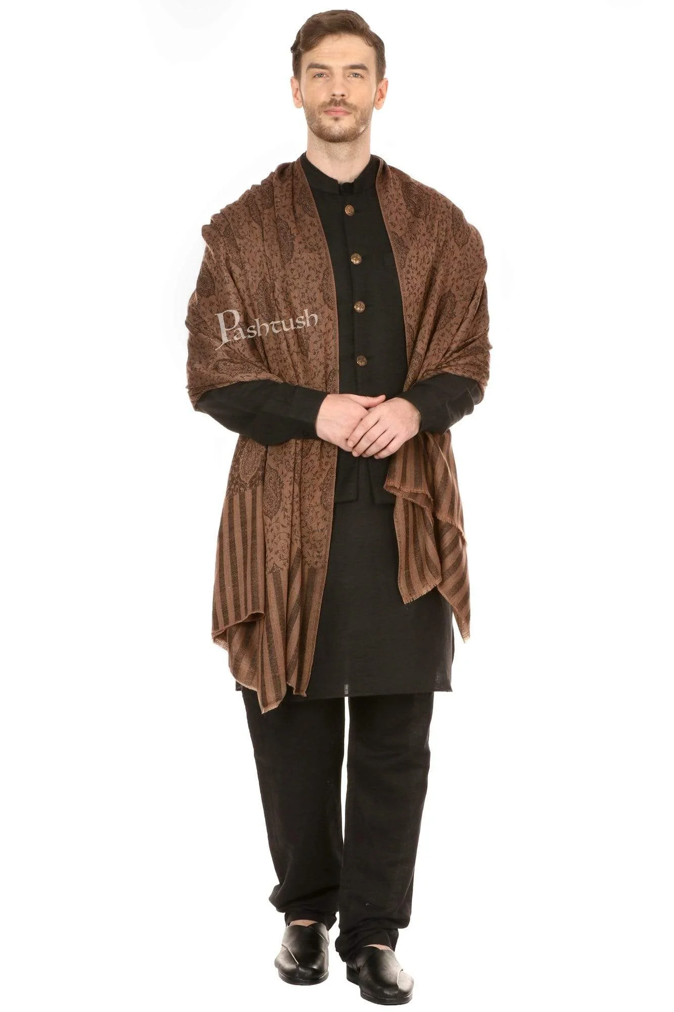Pashtush Mens Stole Scarf, Extra Soft Wool Stole - Black - Image 4