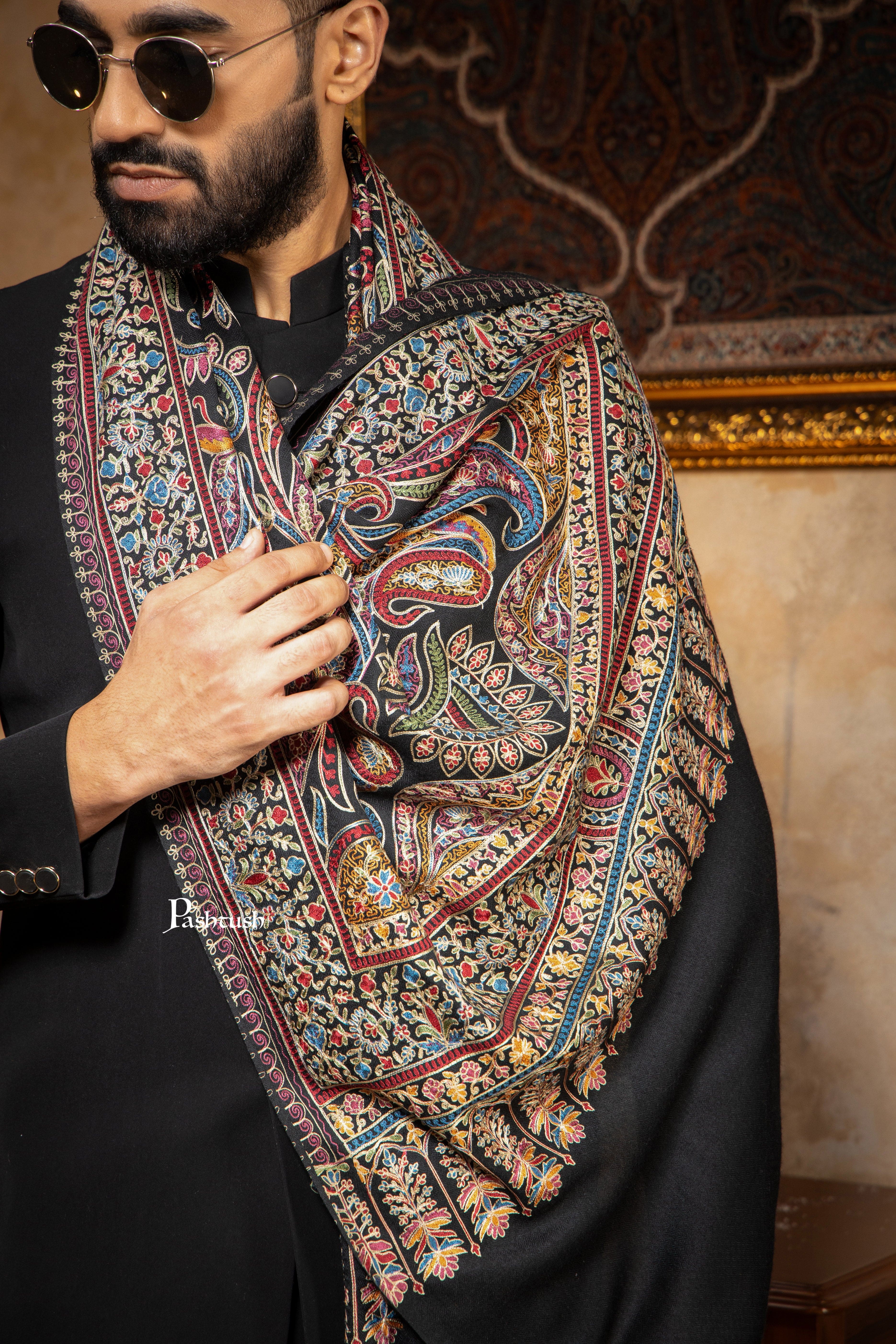 Pashtush Mens Stole, Silk Wool with Intricate Kashmiri Embroidery, Rich Black - Image 9