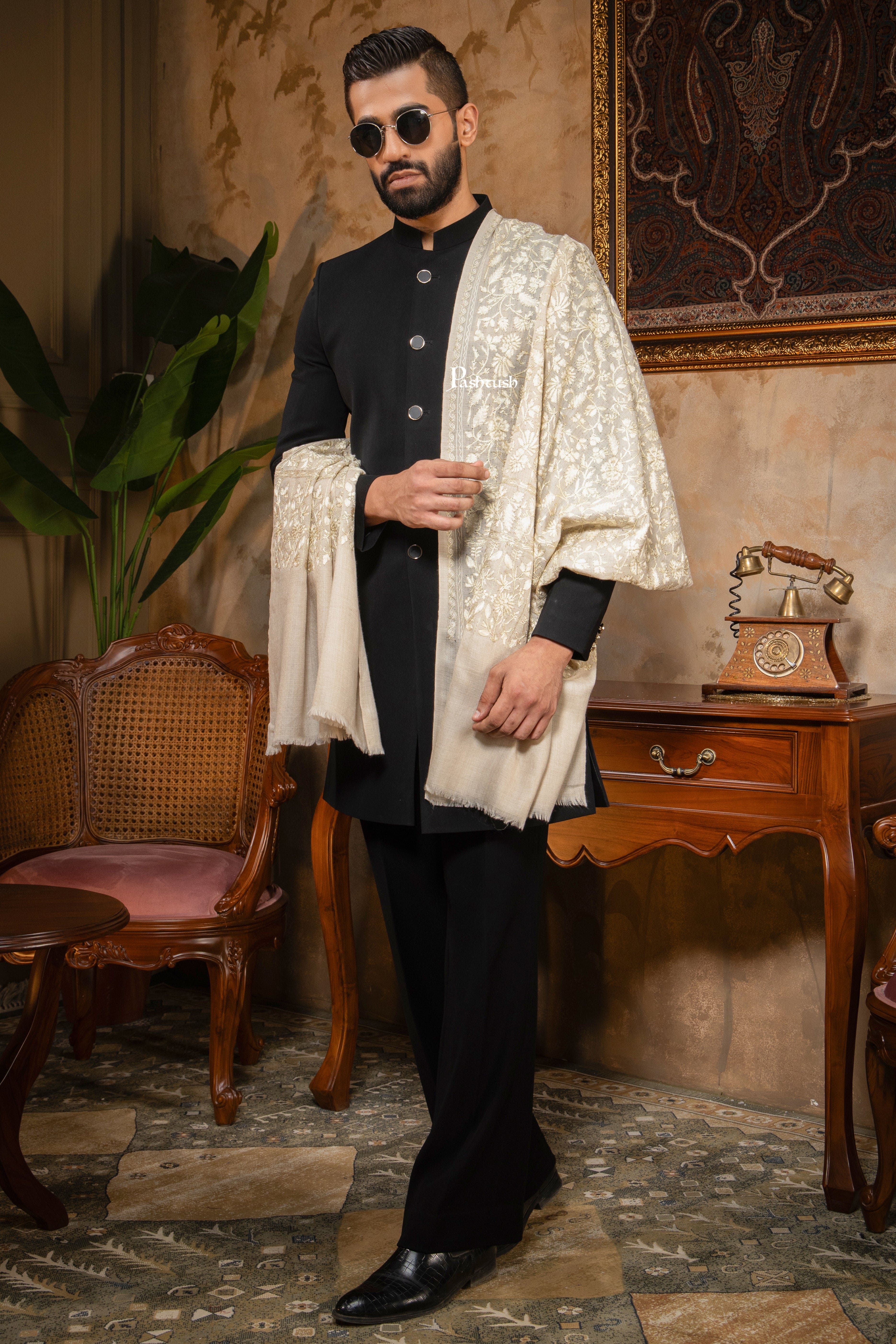 Pashtush Mens Stole, Silk Wool with Intricate Kashmiri Embroidery, Tone on Tone, Ivory