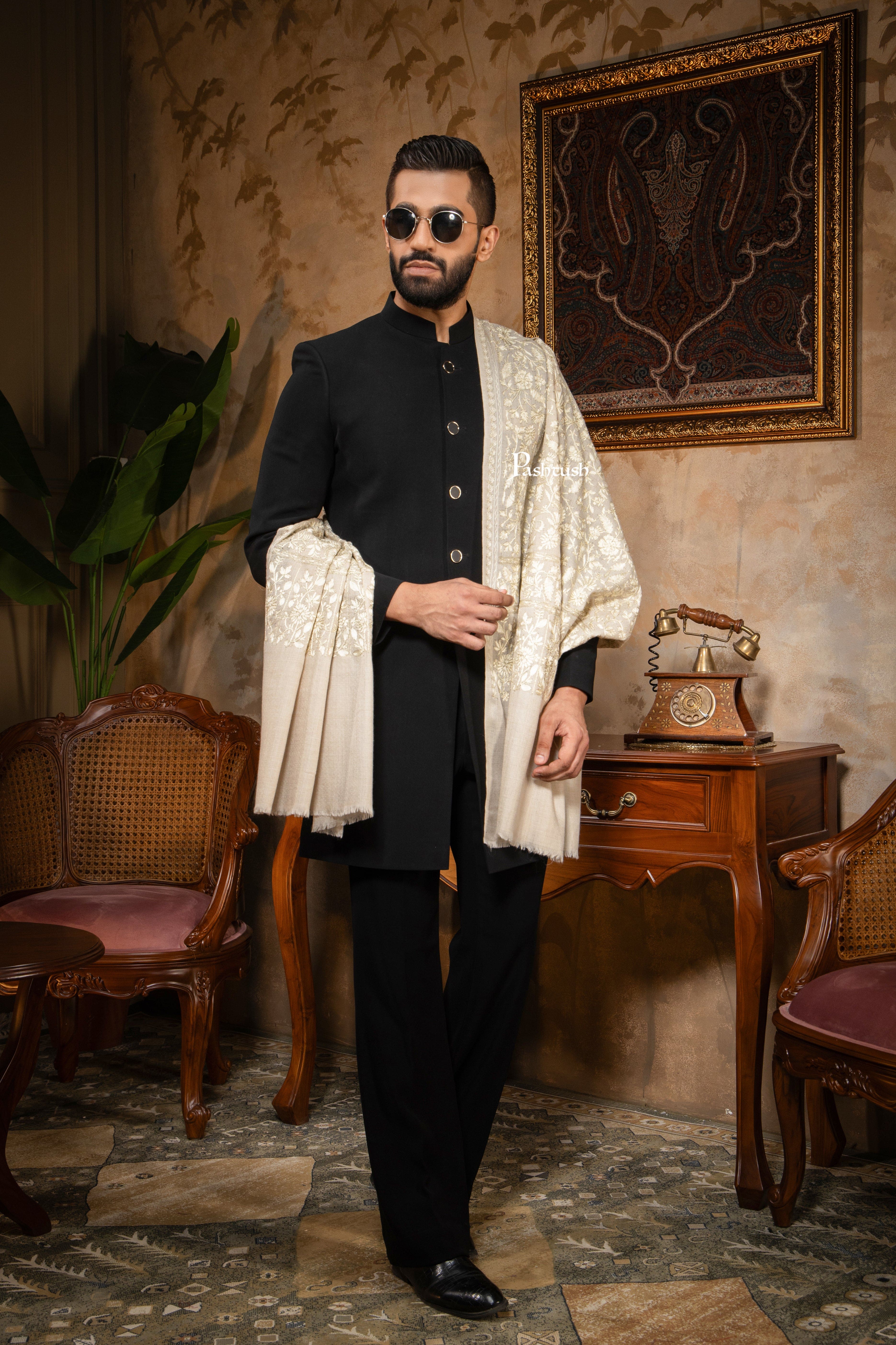 Pashtush Mens Stole, Silk Wool with Intricate Kashmiri Embroidery, Tone on Tone, Ivory - Image 10