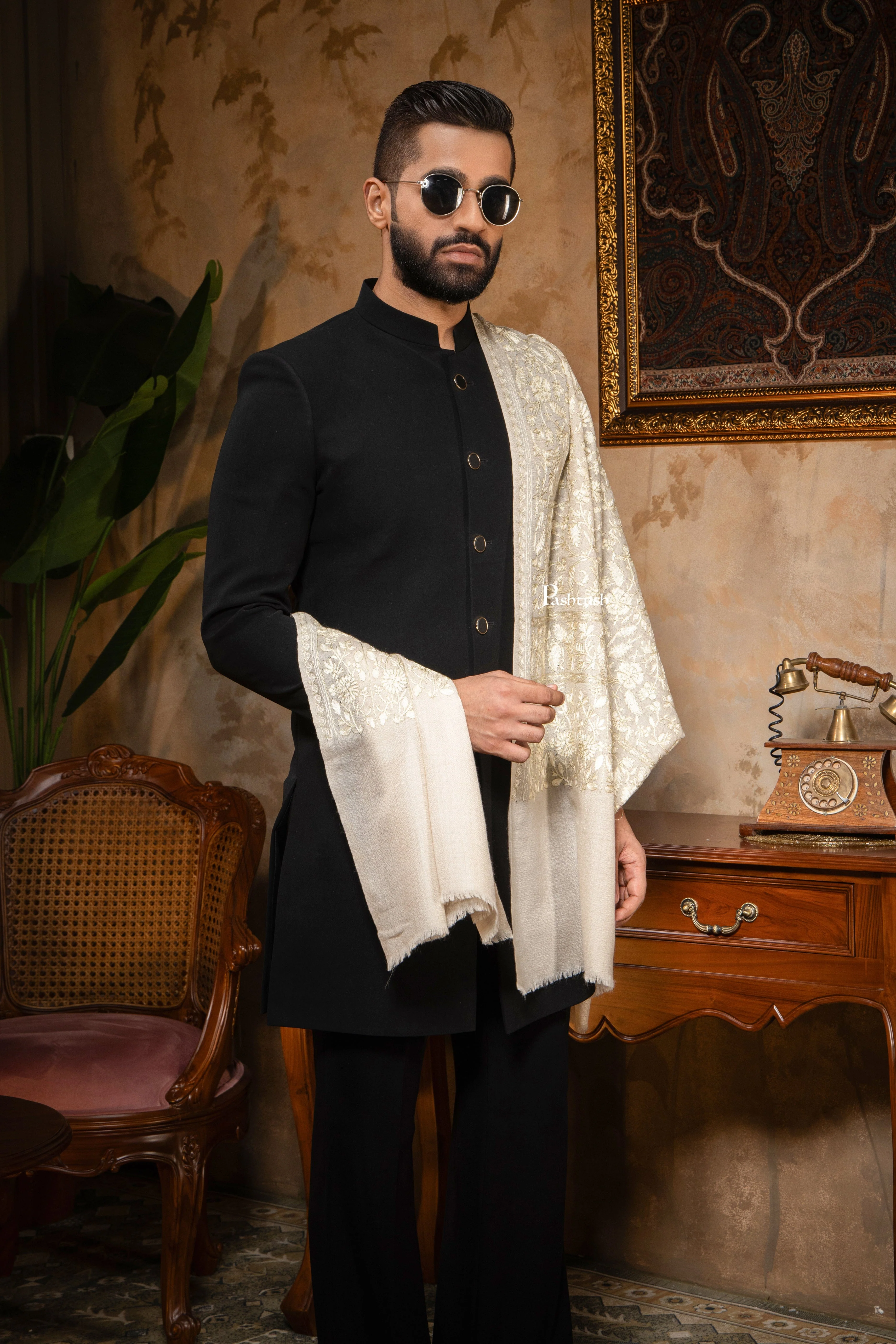 Pashtush Mens Stole, Silk Wool with Intricate Kashmiri Embroidery, Tone on Tone, Ivory - Image 2