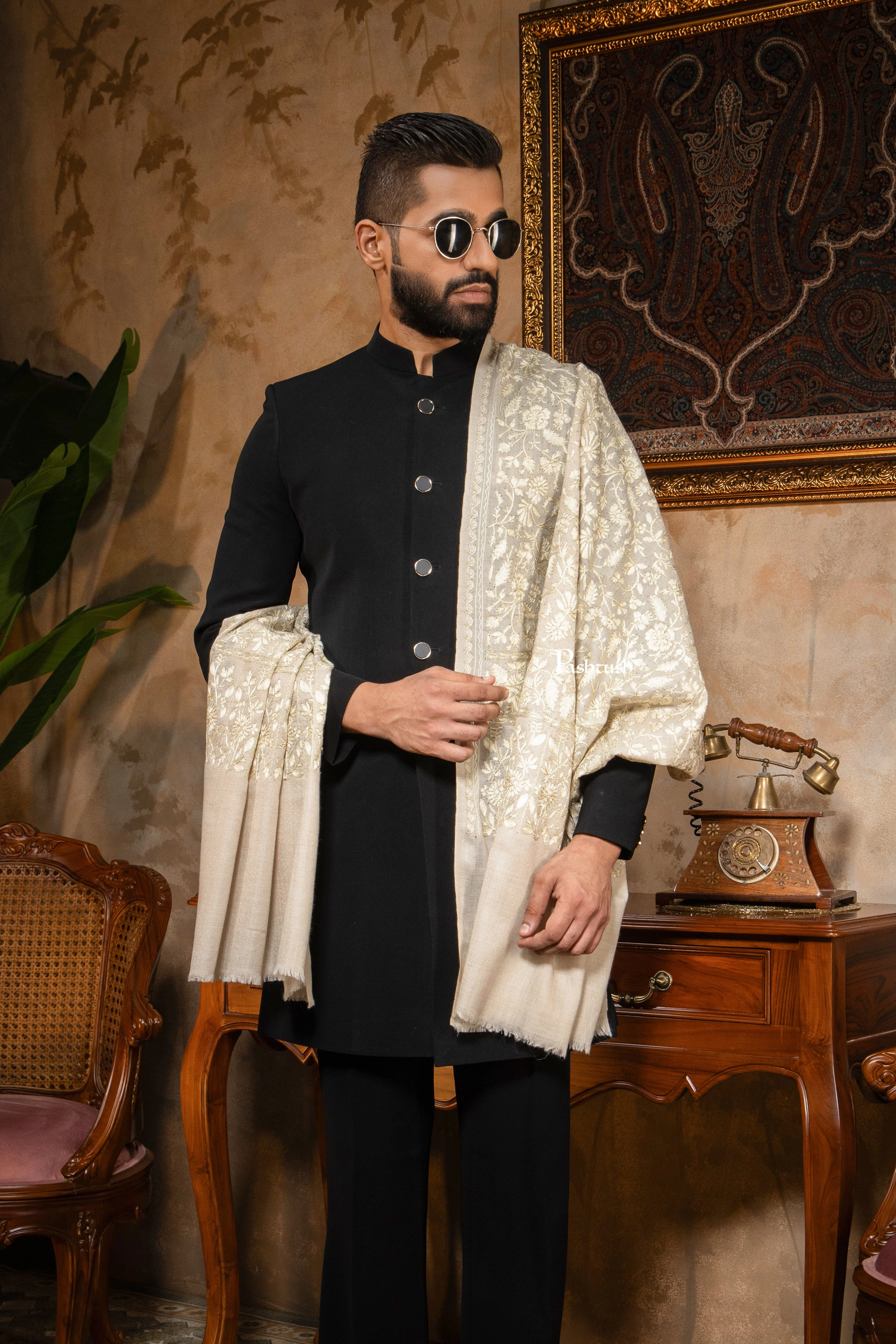 Pashtush Mens Stole, Silk Wool with Intricate Kashmiri Embroidery, Tone on Tone, Ivory - Image 3