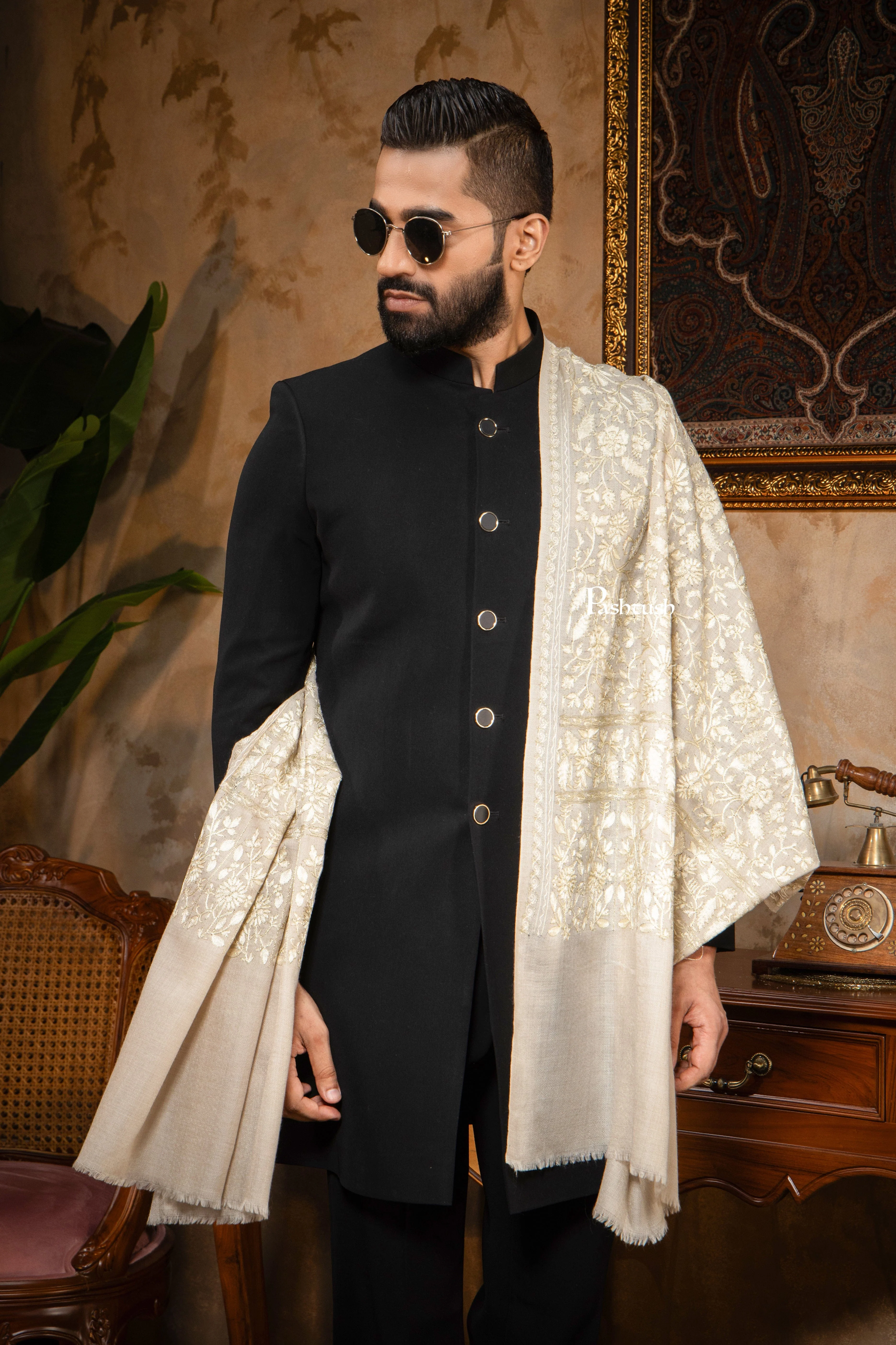 Pashtush Mens Stole, Silk Wool with Intricate Kashmiri Embroidery, Tone on Tone, Ivory - Image 4