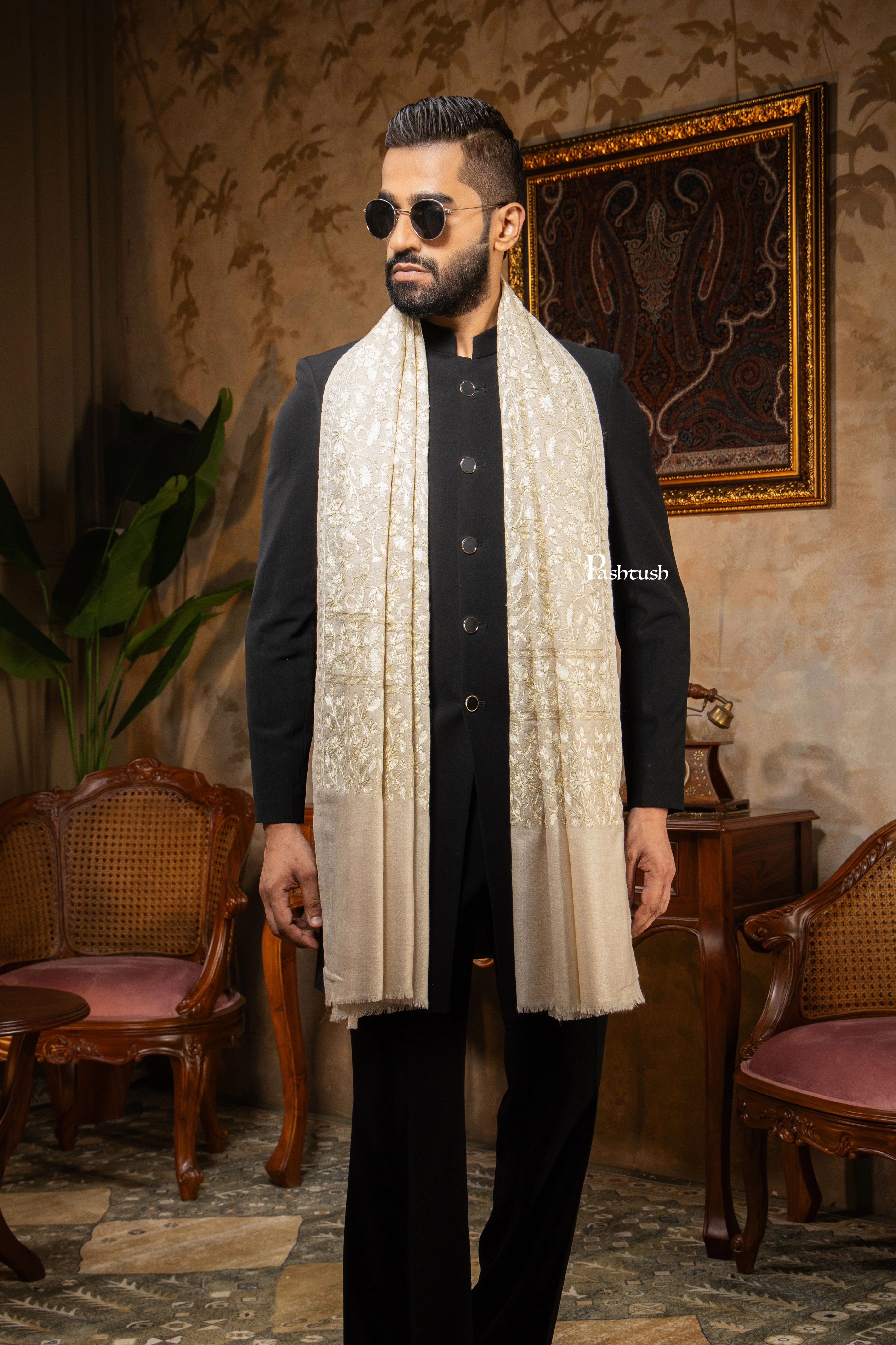 Pashtush Mens Stole, Silk Wool with Intricate Kashmiri Embroidery, Tone on Tone, Ivory - Image 5