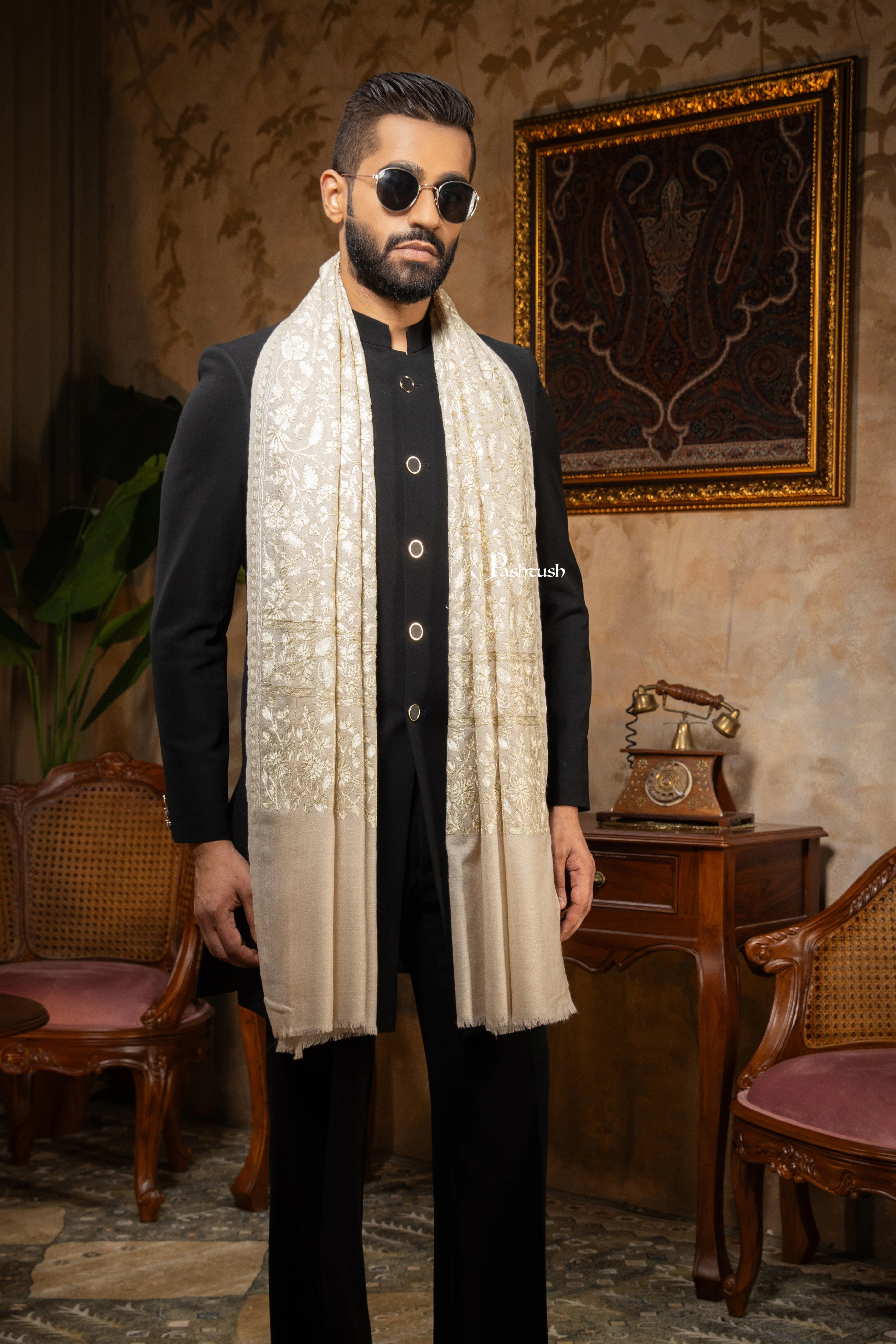 Pashtush Mens Stole, Silk Wool with Intricate Kashmiri Embroidery, Tone on Tone, Ivory - Image 6
