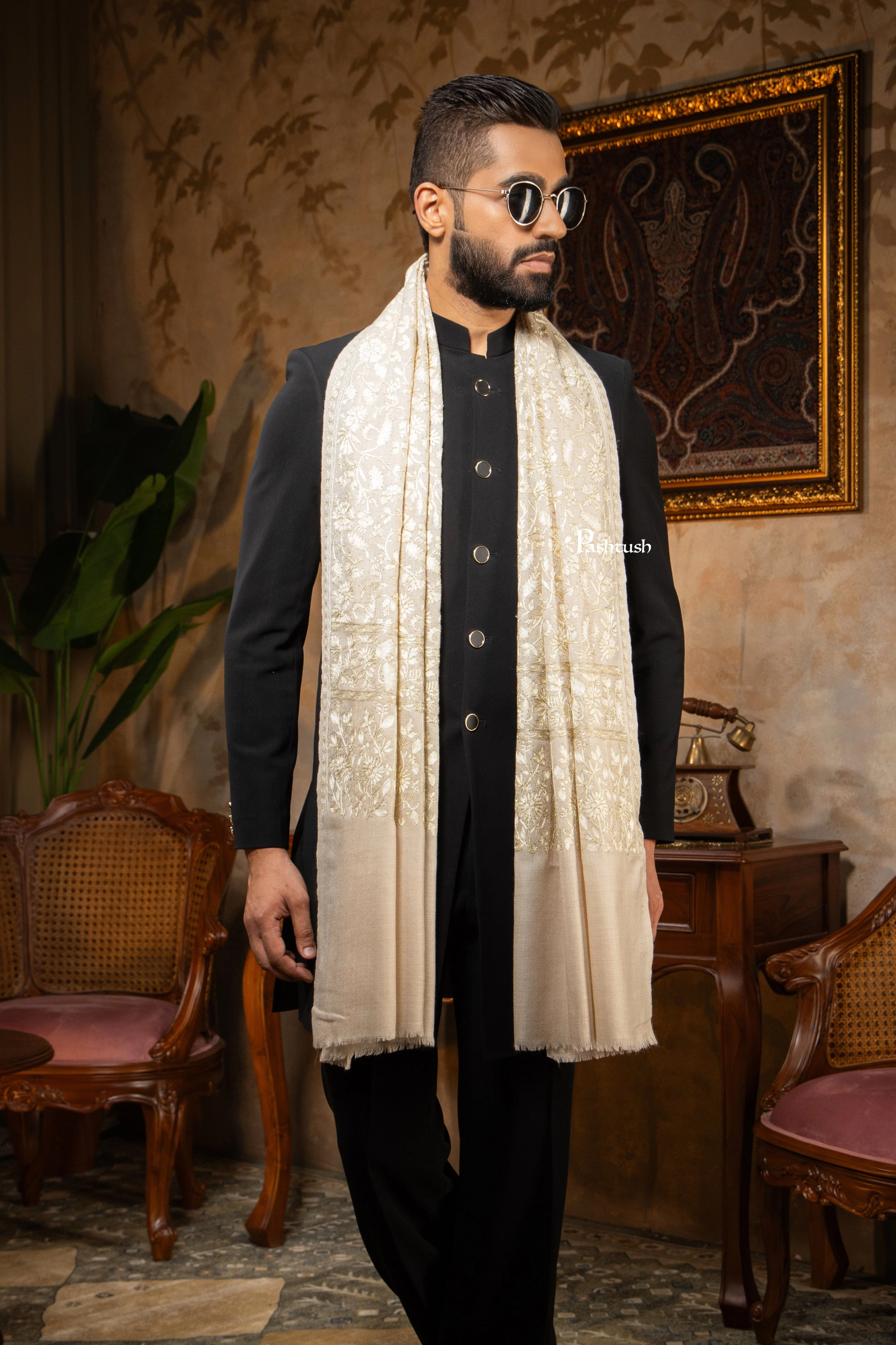 Pashtush Mens Stole, Silk Wool with Intricate Kashmiri Embroidery, Tone on Tone, Ivory - Image 7