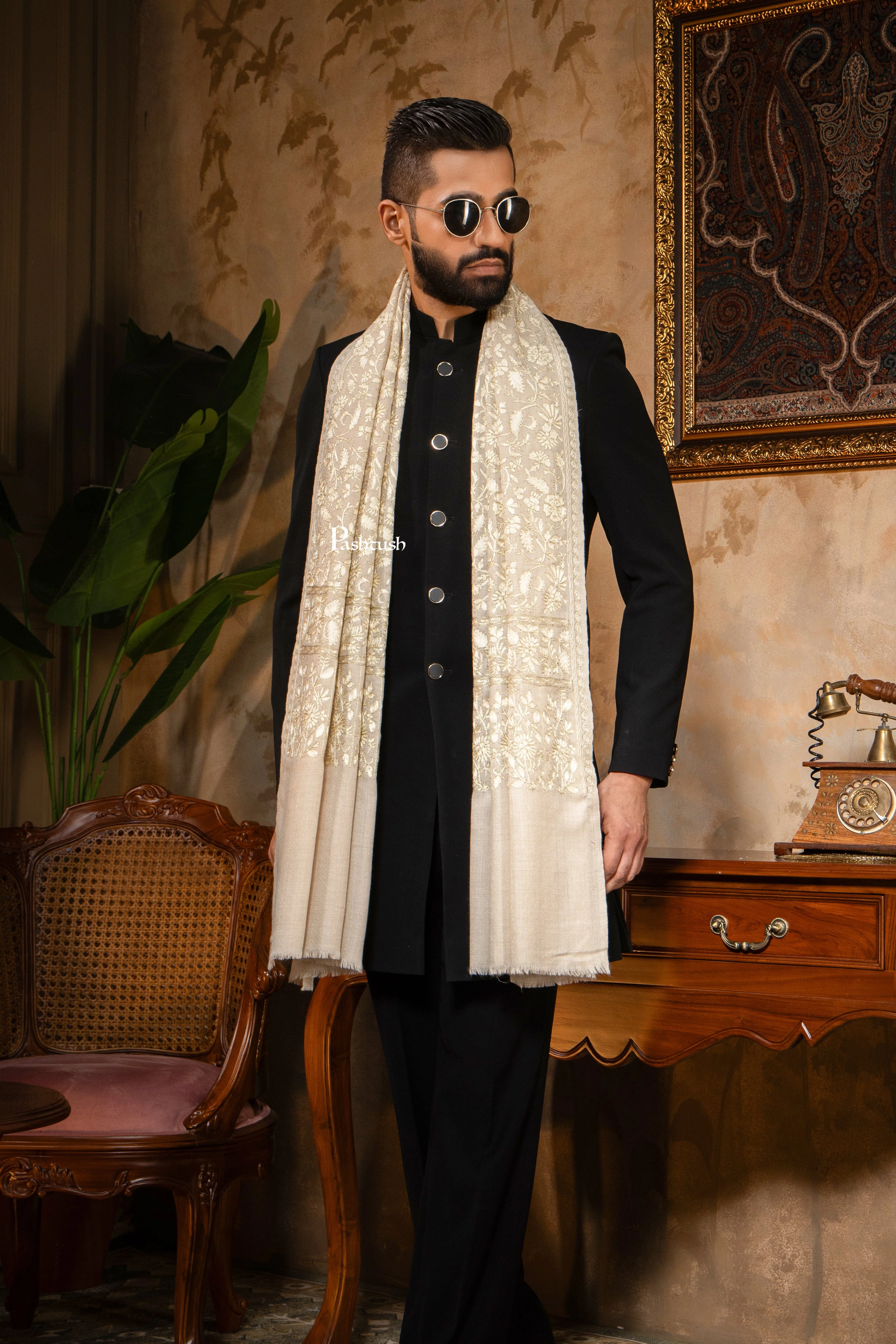 Pashtush Mens Stole, Silk Wool with Intricate Kashmiri Embroidery, Tone on Tone, Ivory - Image 8