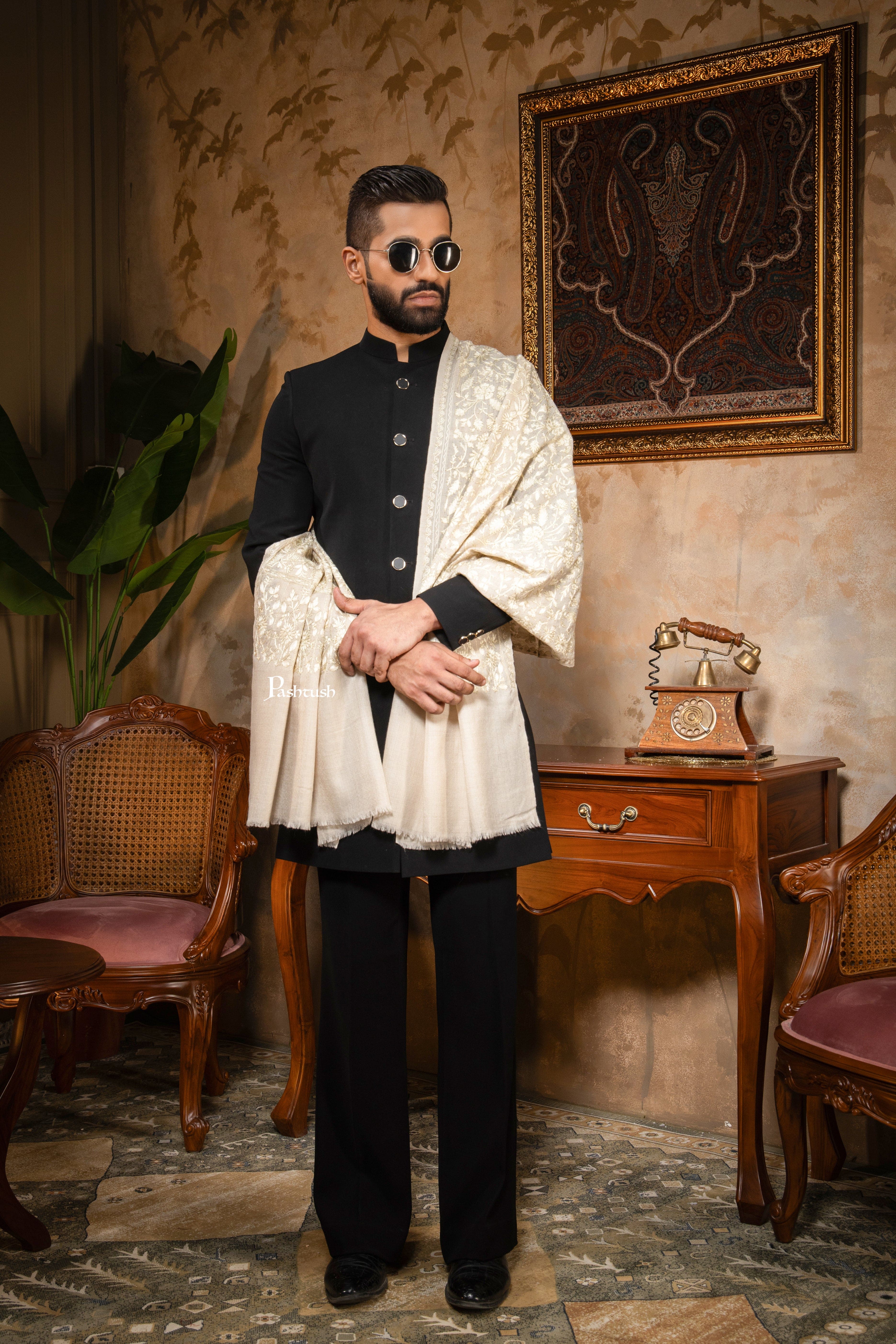 Pashtush Mens Stole, Silk Wool with Intricate Kashmiri Embroidery, Tone on Tone, Ivory - Image 9
