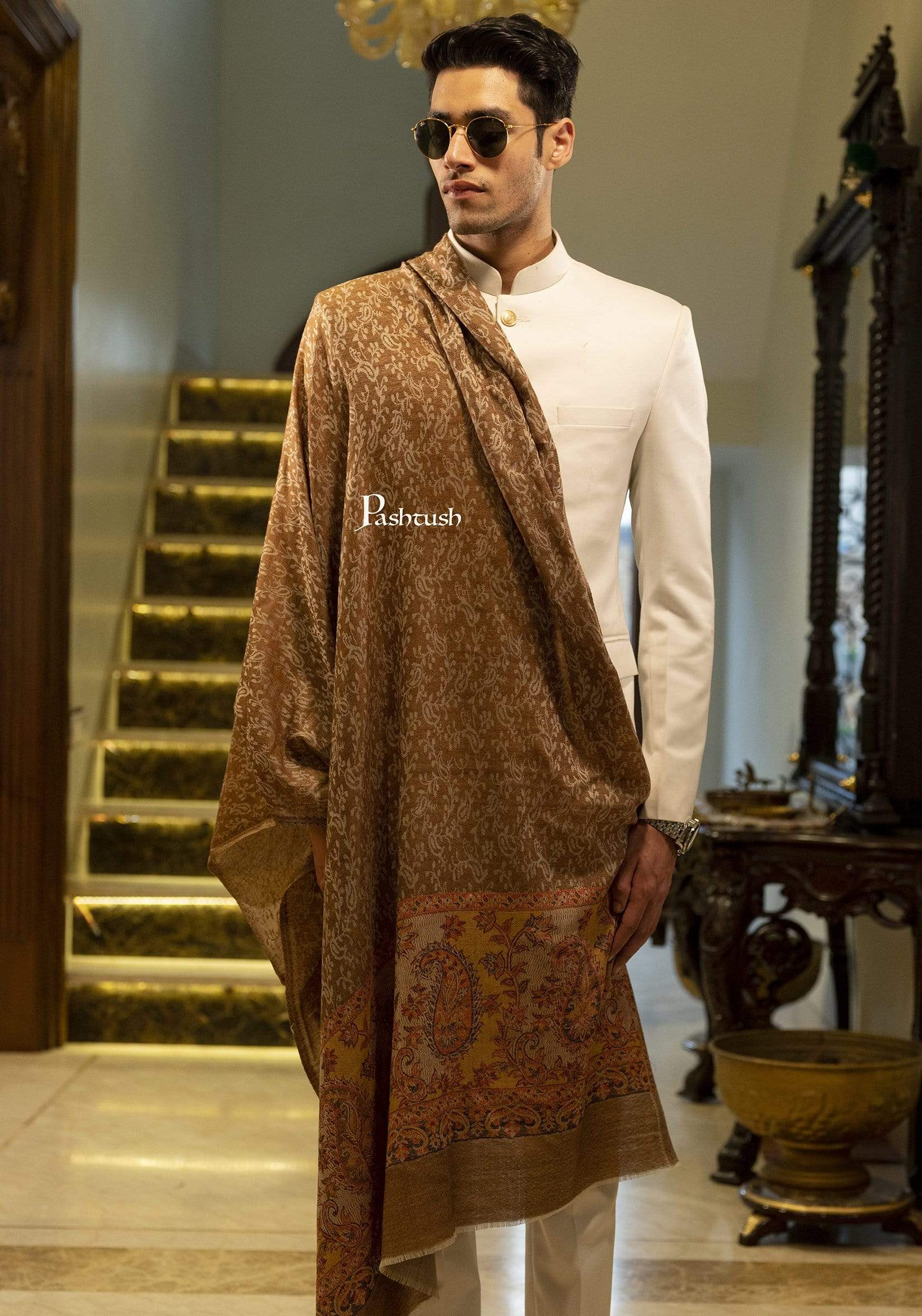 Pashtush Mens Stole, Soft Wool With Ambi Weave Palla, Espresso Brown - Image 3