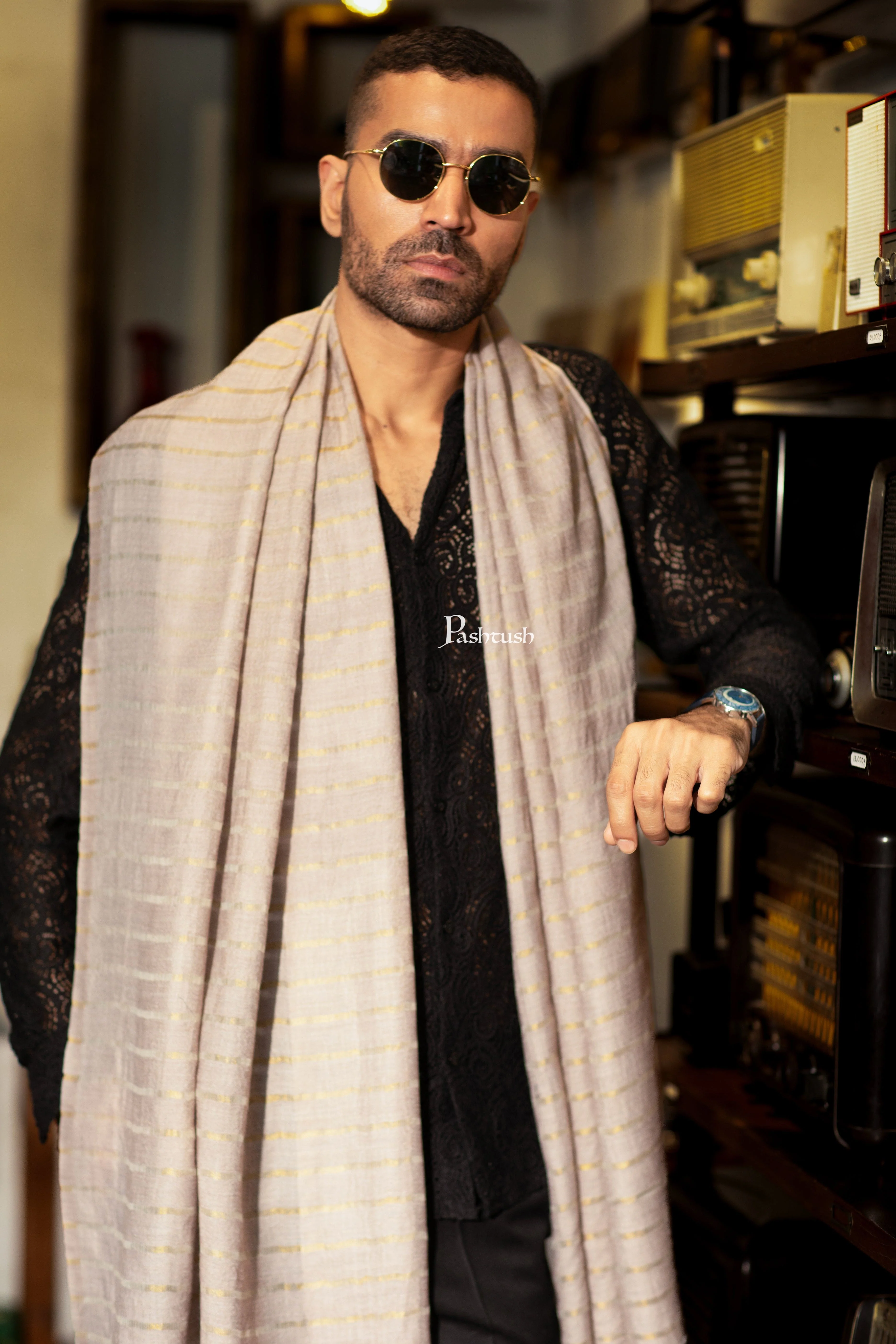 Pashtush Mens Extra Fine Wool Stole, Stripe With Zari  Design, Ivory (Twilight) - Image 3