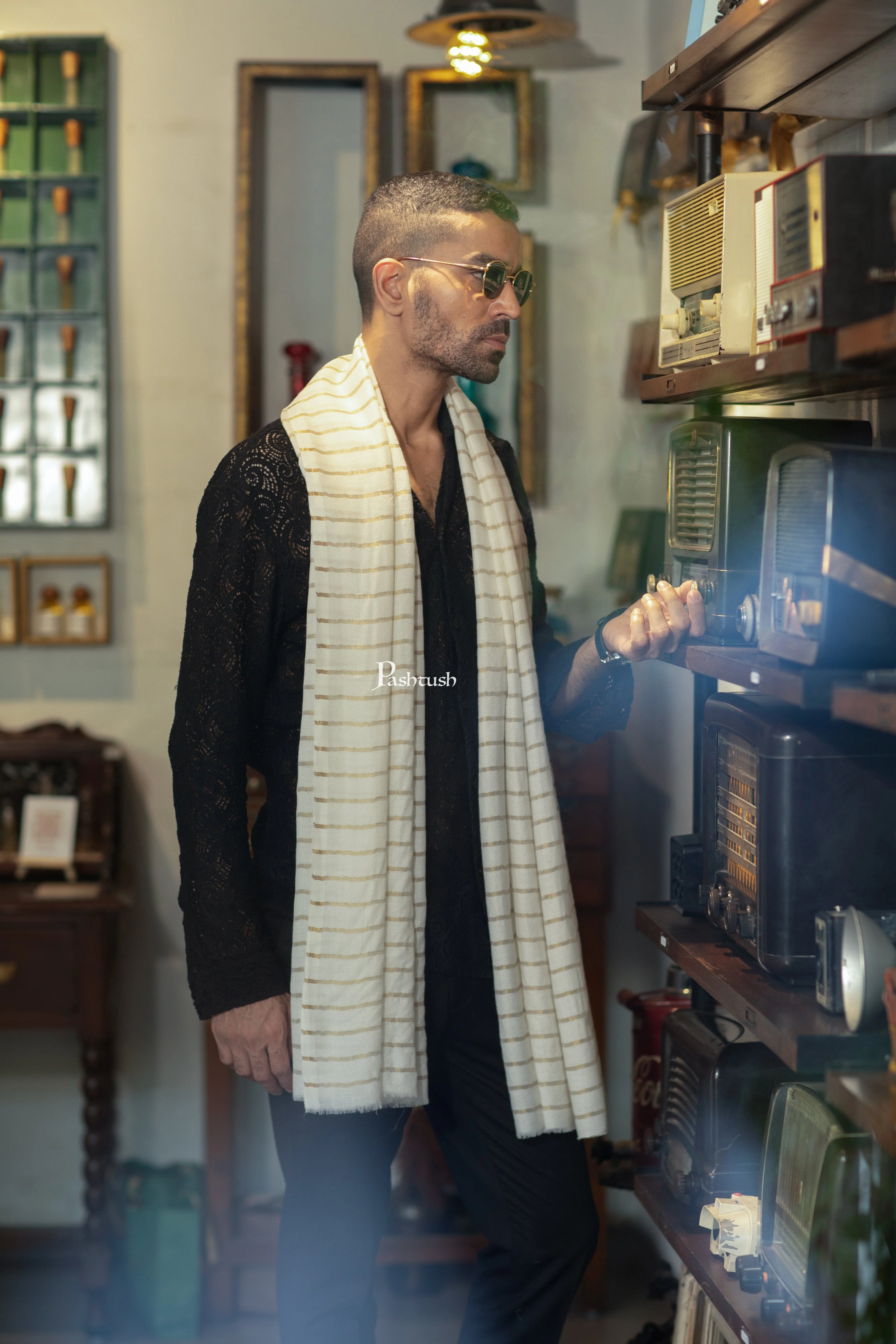 Pashtush Mens Extra Fine Wool Stole, Stripe With Zari Design, Ivory (Twilight) - Image 5