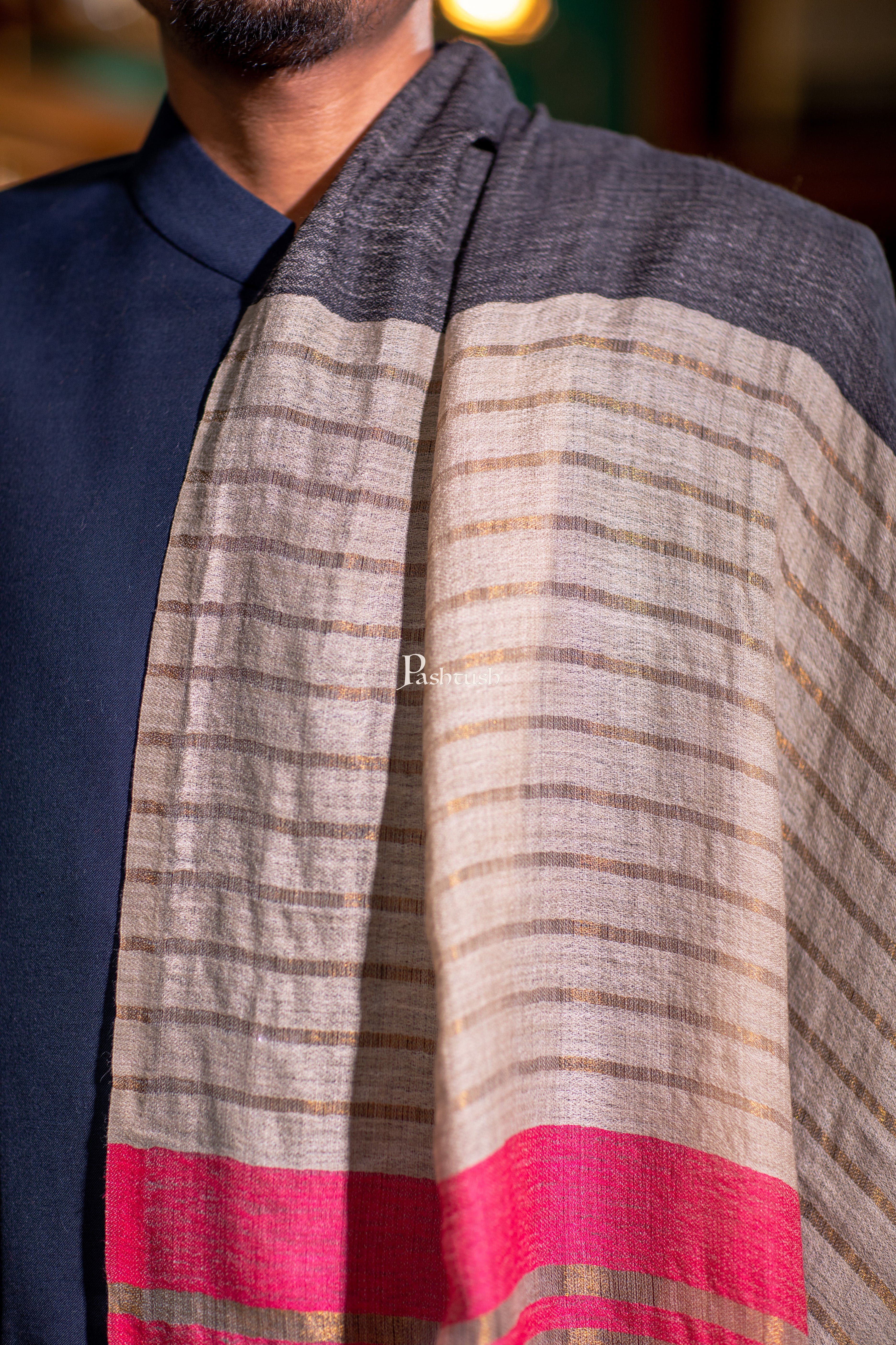 Pashtush Mens Stole, Stripe With Zari Design, Multicolour (Twilight) - Image 4