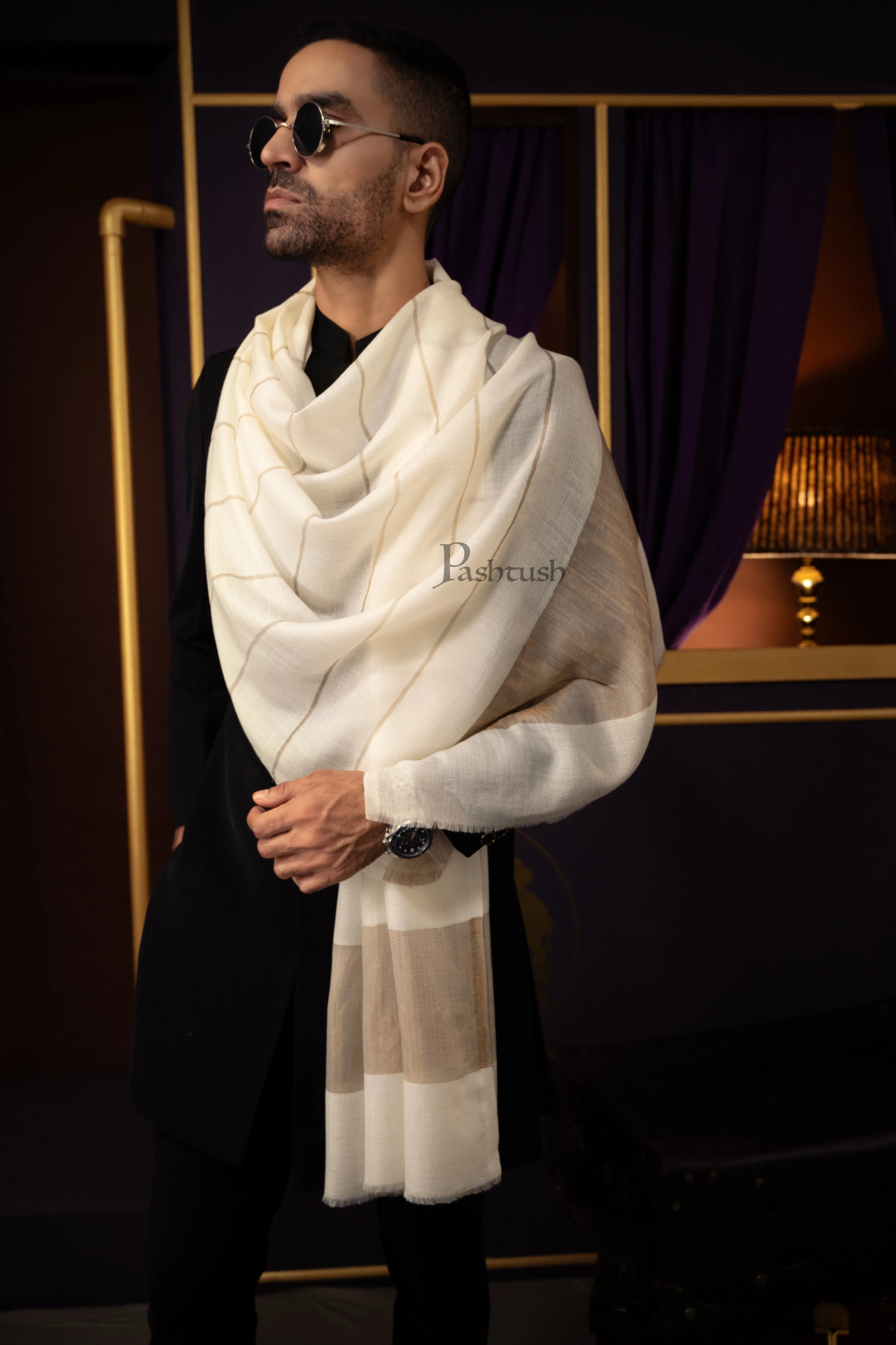Pashtush Mens Stole, Twilight Collection, Extra Fine Wool, Ivory - Image 3