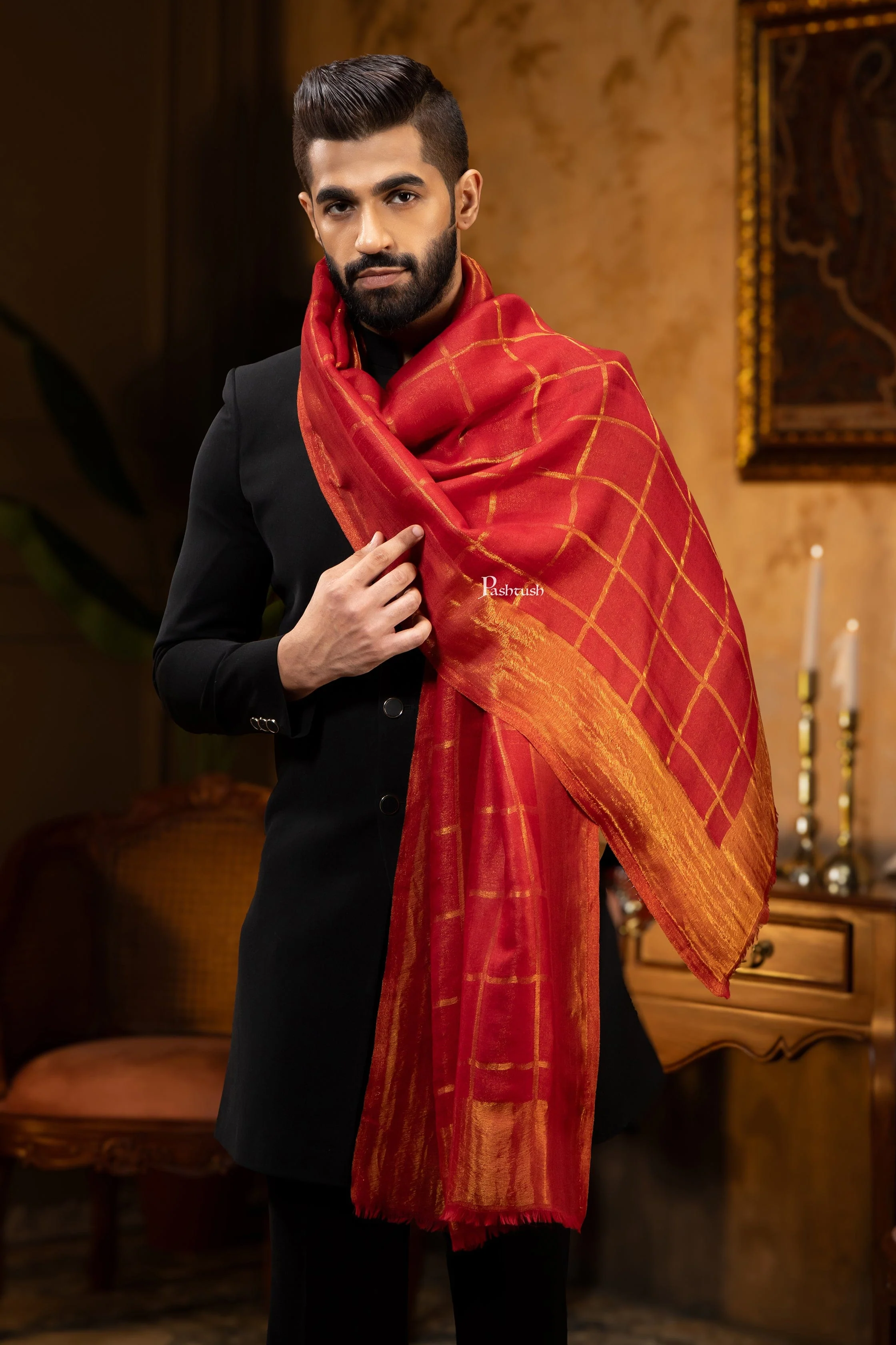 Pashtush Mens Stole, Twilight Collection, Silk Wool, Checkered Metallic Weave, Maroon - Image 3