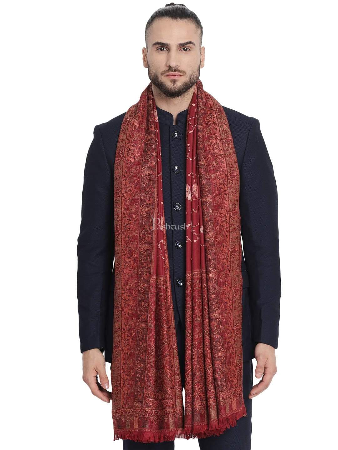 Pashtush Mens Stole, Vintage Jamawar Design With Needle Embroidery