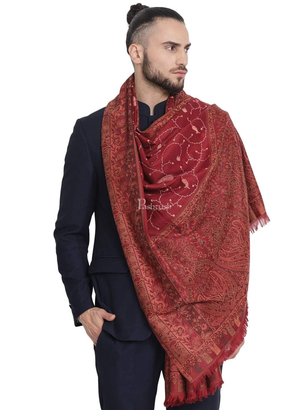 Pashtush Mens Stole, Vintage Jamawar Design With Needle Embroidery - Image 3