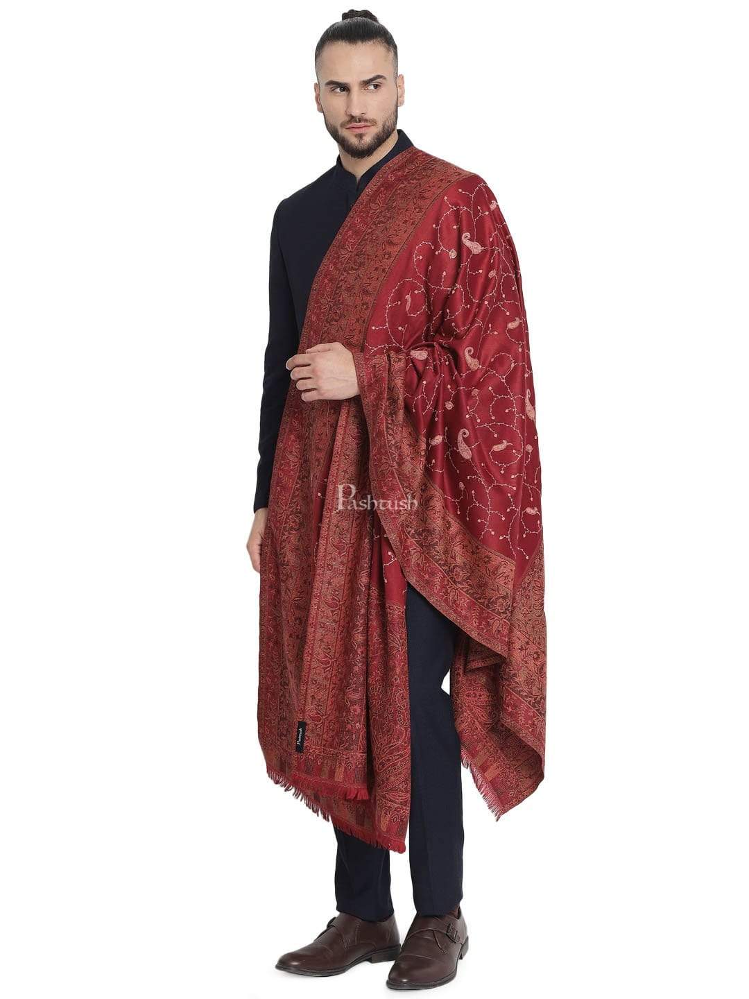 Pashtush Mens Stole, Vintage Jamawar Design With Needle Embroidery - Image 4