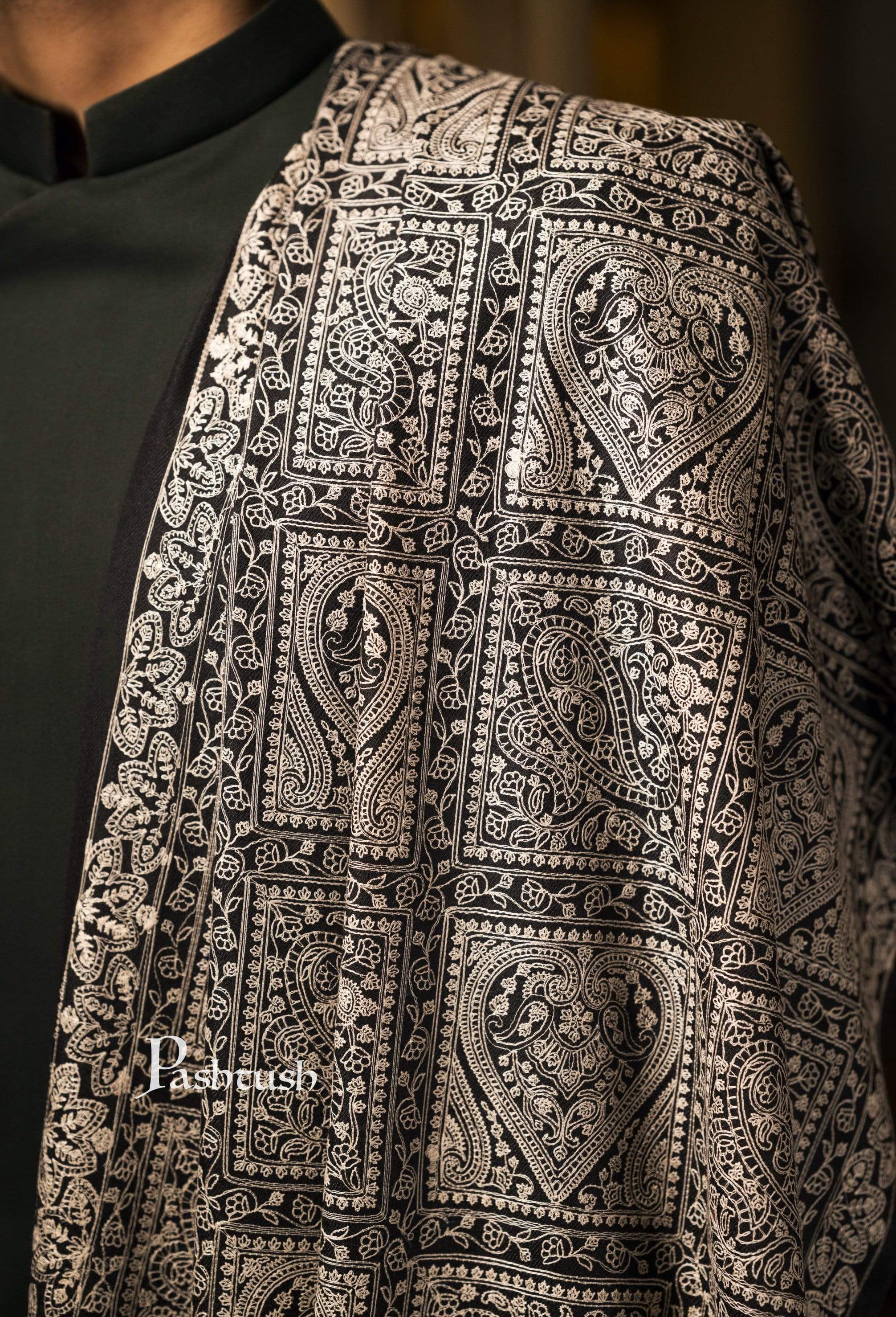 Pashtush Mens Stole With Tone On Tone Embroidery, Soft And Warm, Rich Black - Image 2