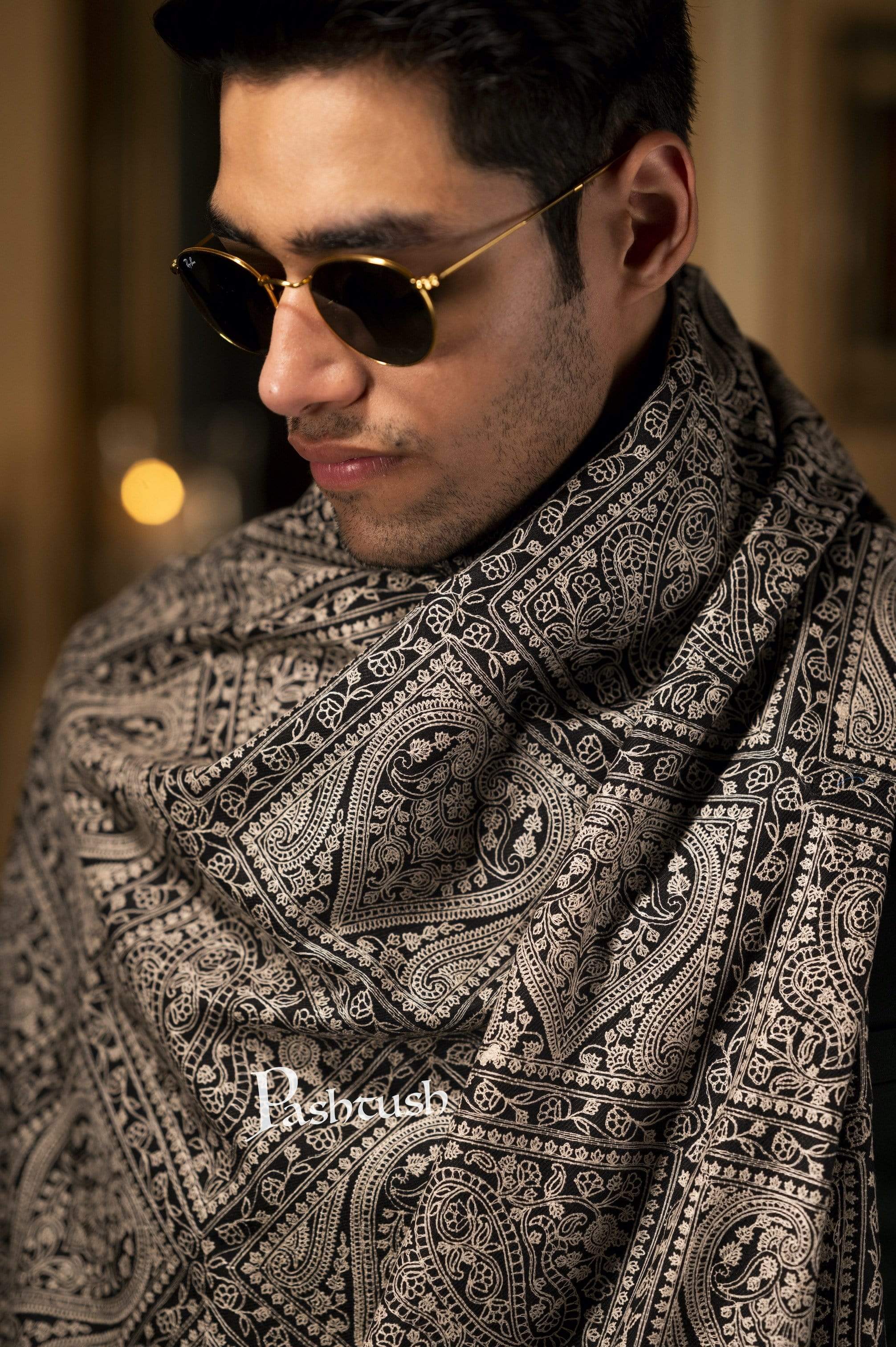 Pashtush Mens Stole With Tone On Tone Embroidery, Soft And Warm, Rich Black - Image 3
