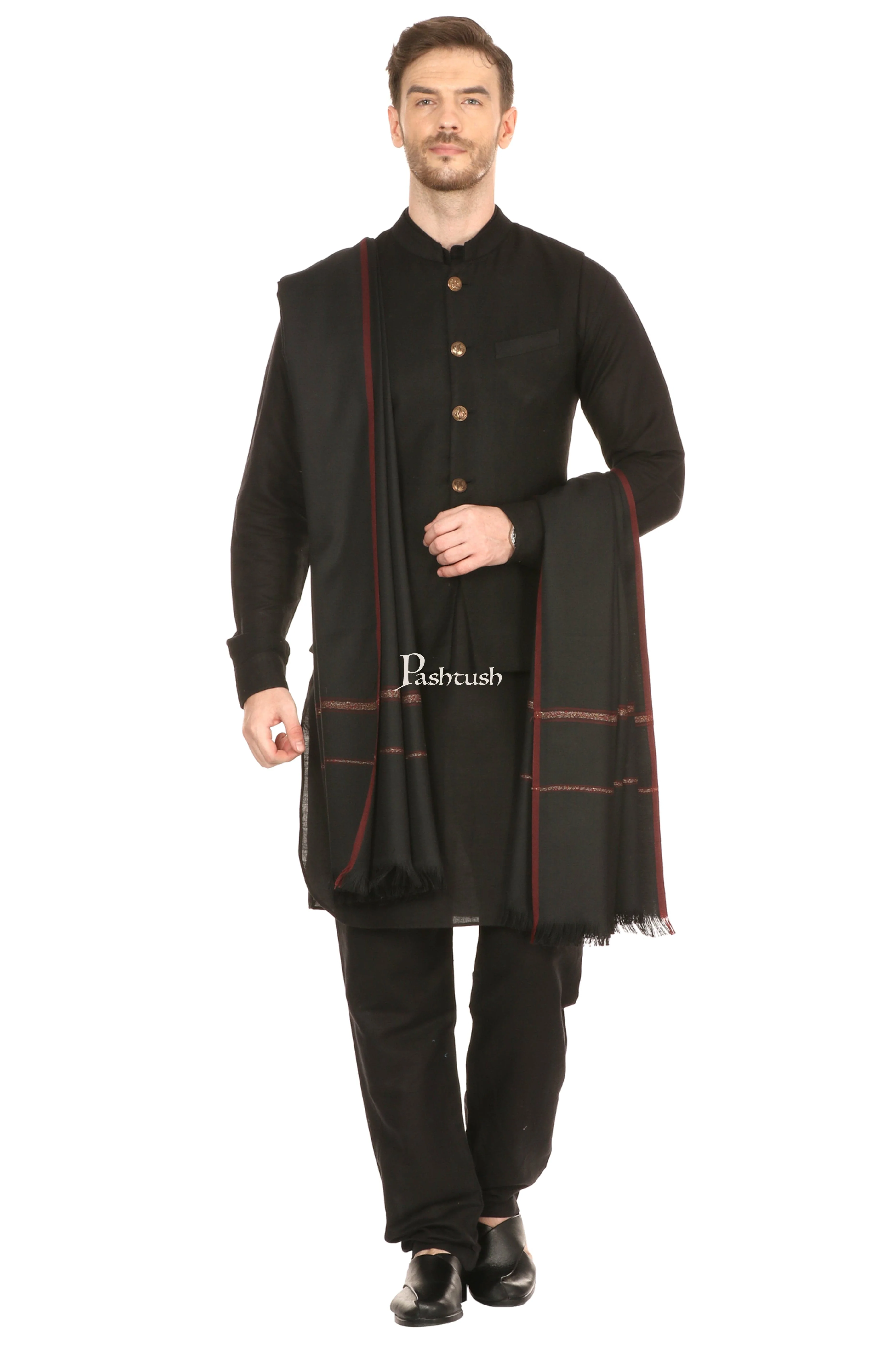 Pashtush Mens Thick Shawl Gents Lohi Woven Kinauri Design, Black - Image 3