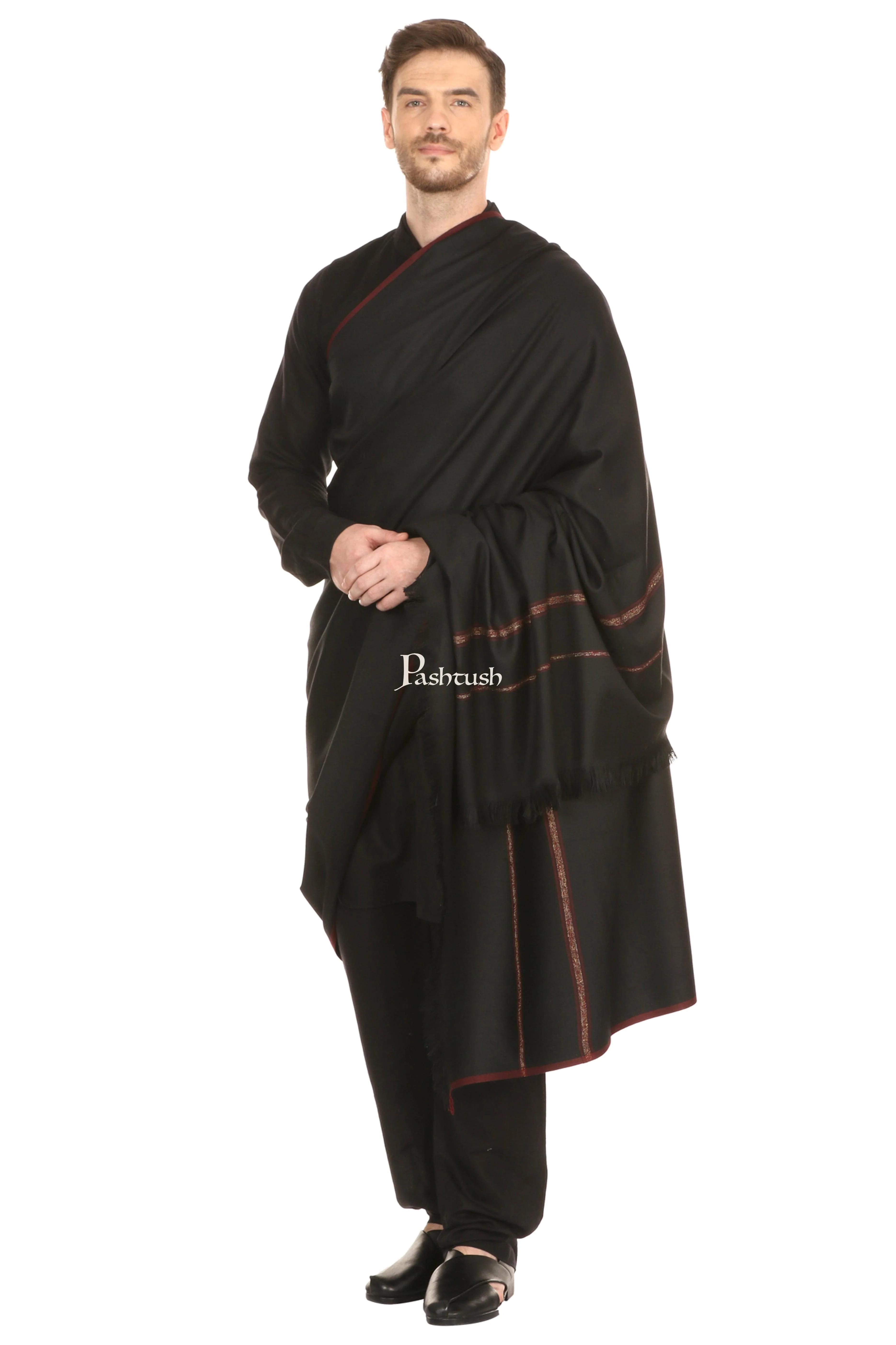 Pashtush Mens Thick Shawl Gents Lohi Woven Kinauri Design, Black - Image 4