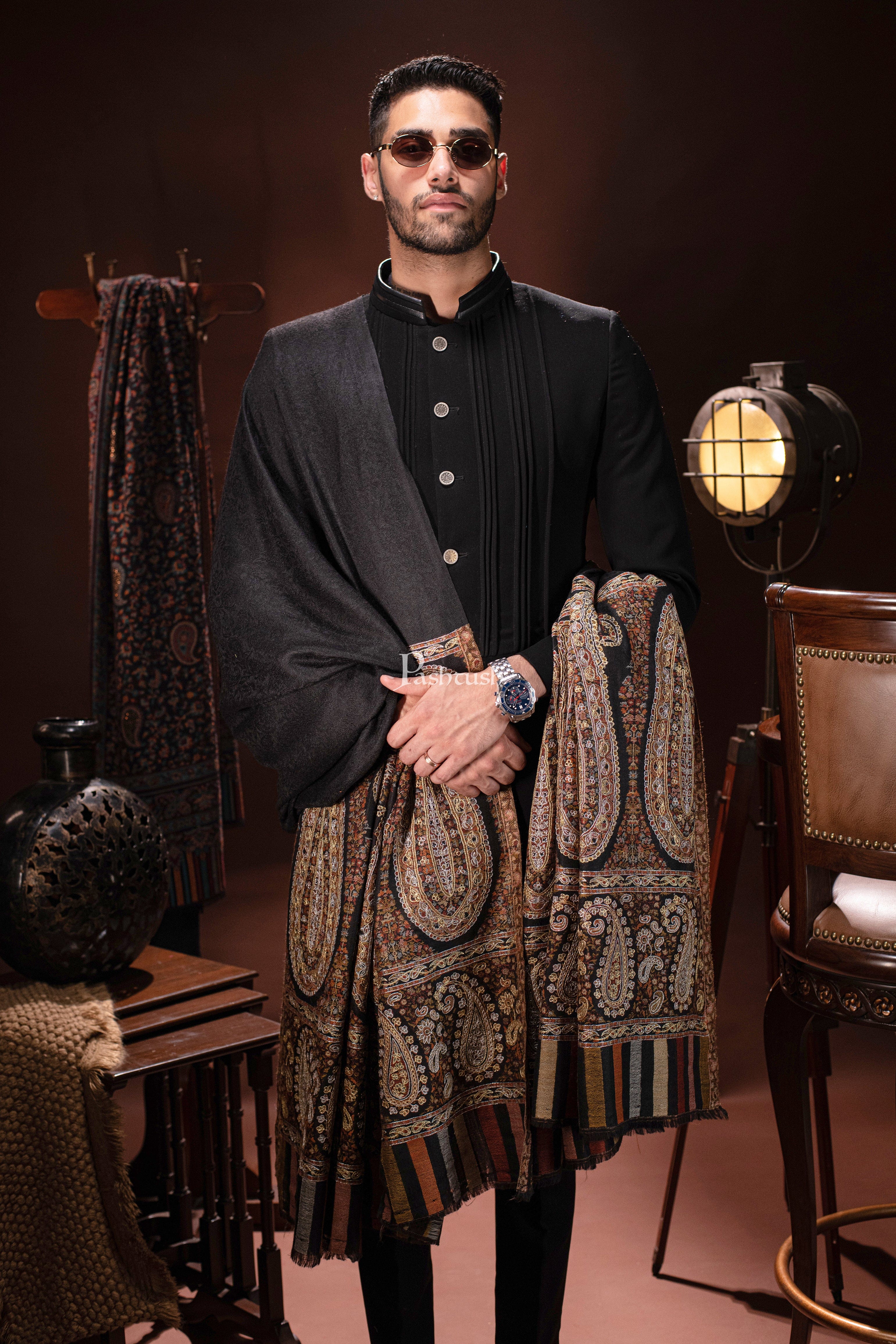 Pashtush Mens Tilla Hand Embroidered Ethnic palla Shawl, Full Size, Extra Fine Count Wool, Black