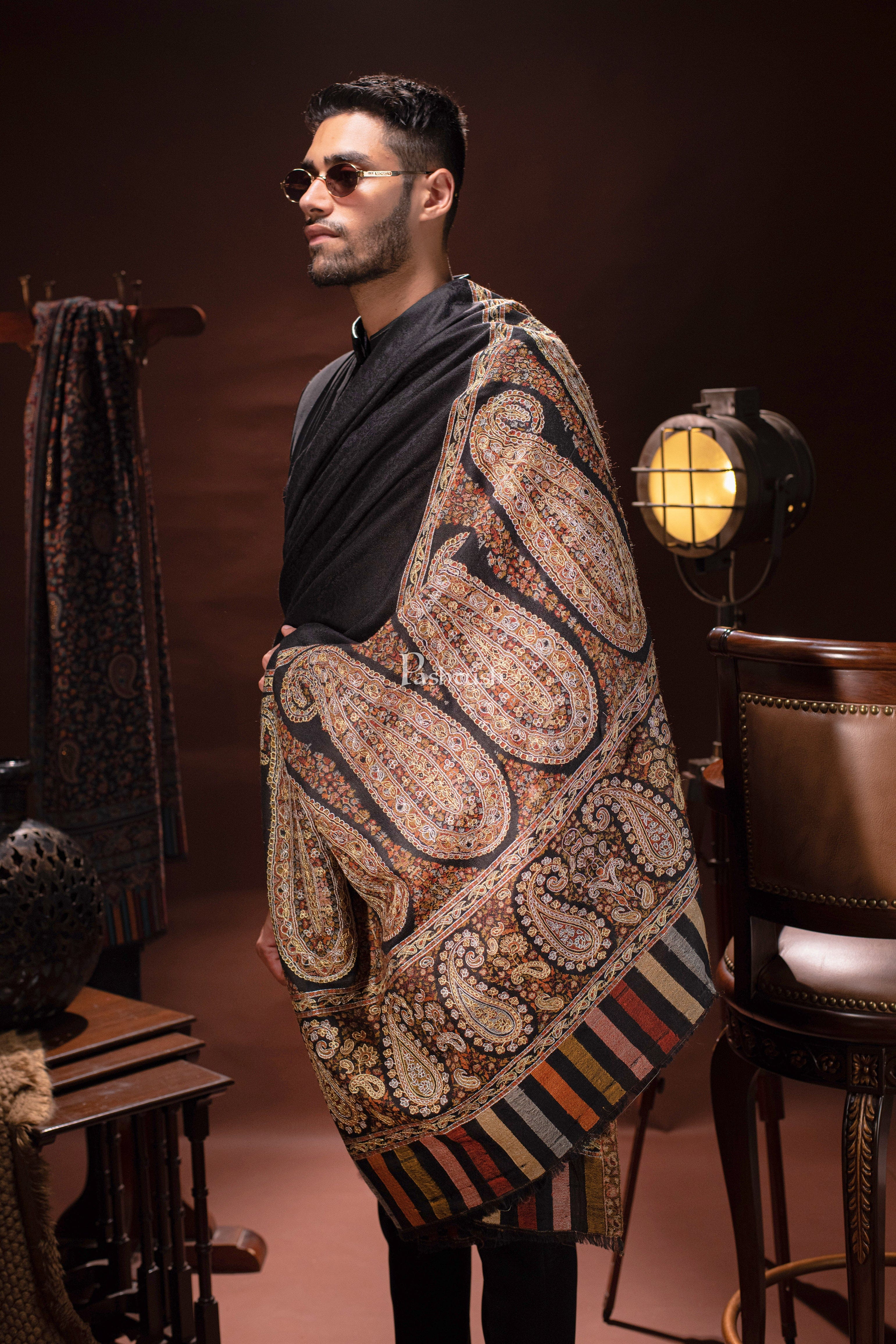 Pashtush Mens Tilla Hand Embroidered Ethnic palla Shawl, Full Size, Extra Fine Count Wool, Black - Image 3