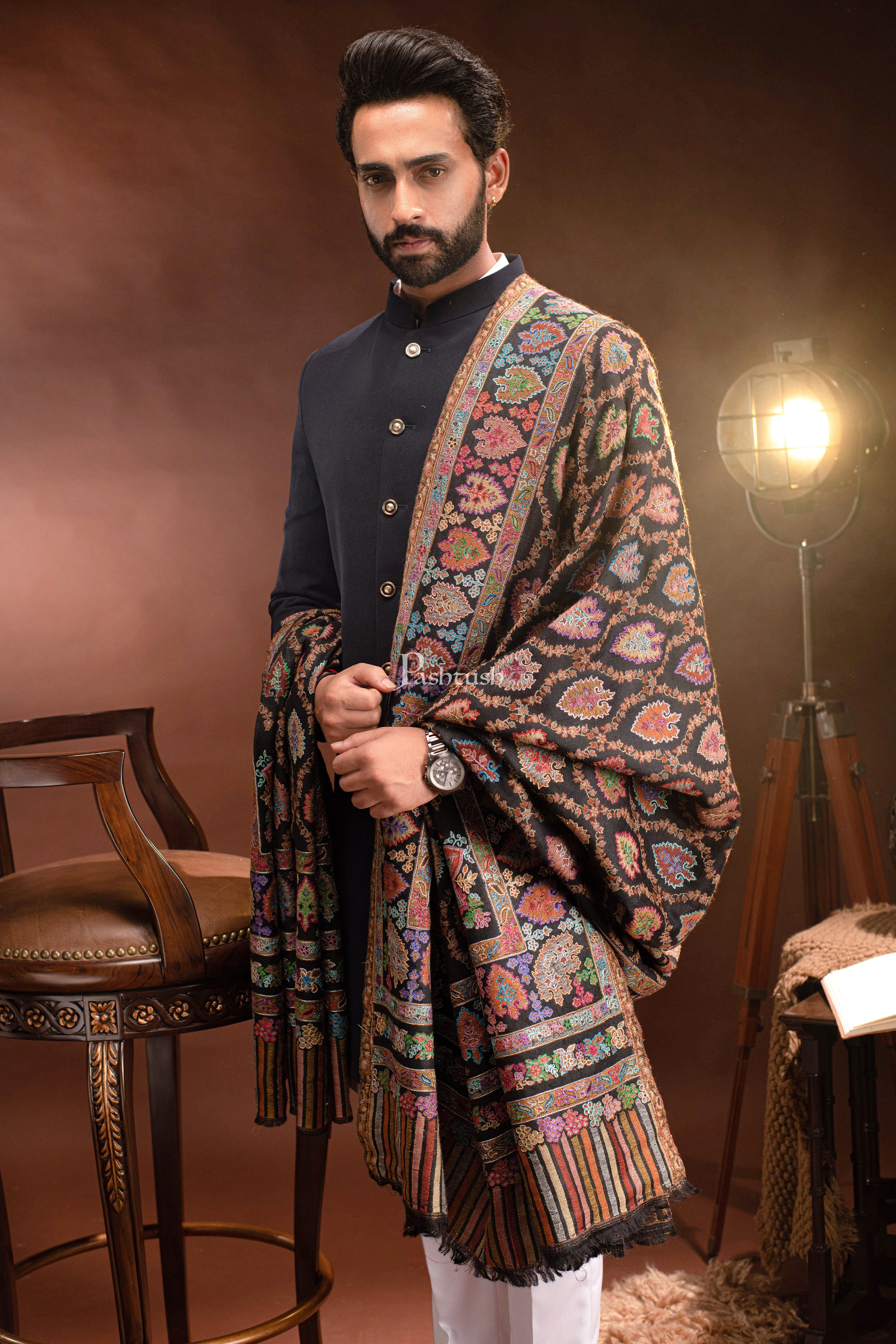 Pashtush Mens Kashmiri Tilla Hand Embroidered Shawl, Full Size, Extra Fine Wool, Kalamkari - Image 5