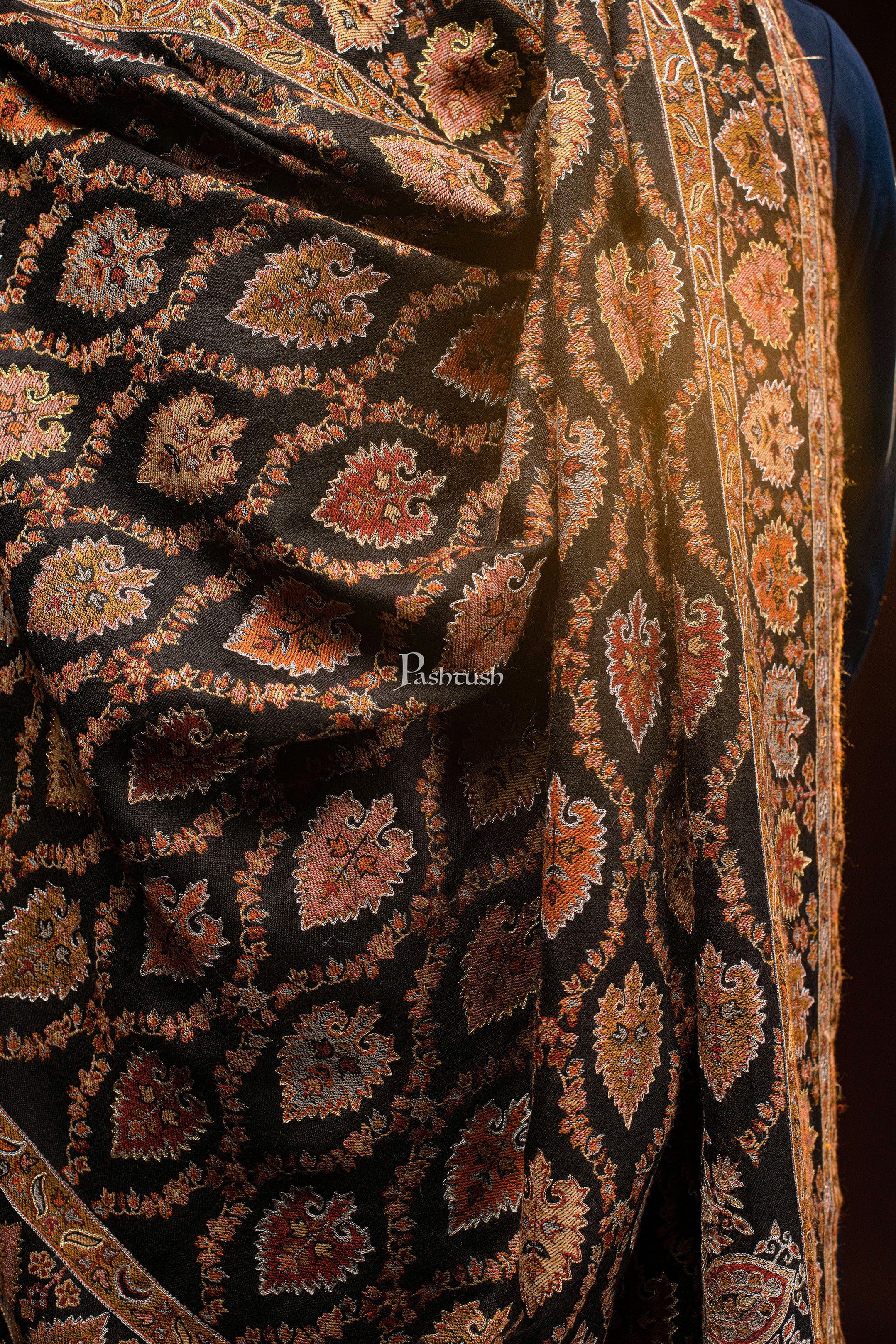 Pashtush Mens Tilla Hand Embroidered Shawl, Full Size, Extra Fine Count Wool, Black - Image 2