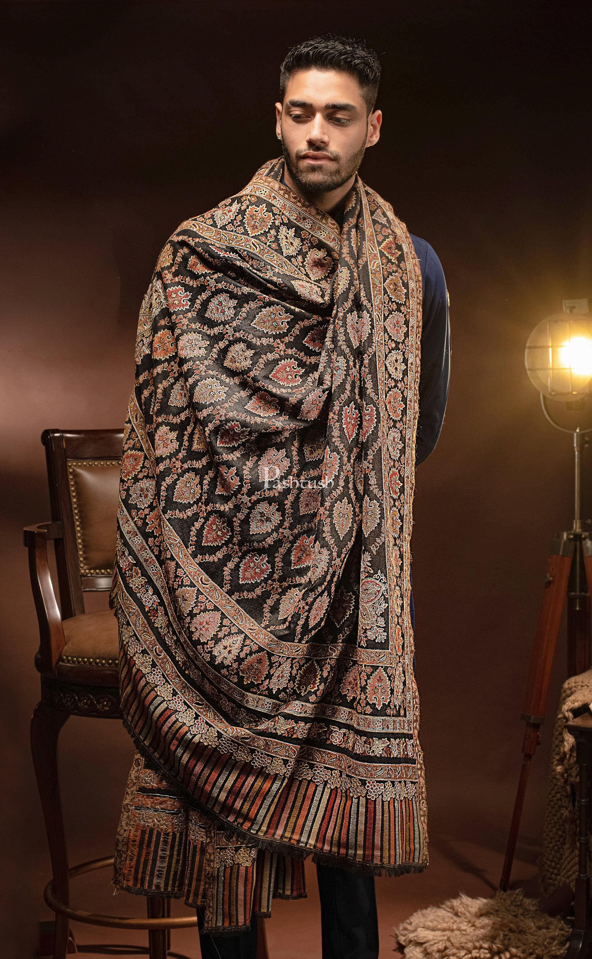 Pashtush Mens Tilla Hand Embroidered Shawl, Full Size, Extra Fine Count Wool, Black - Image 3