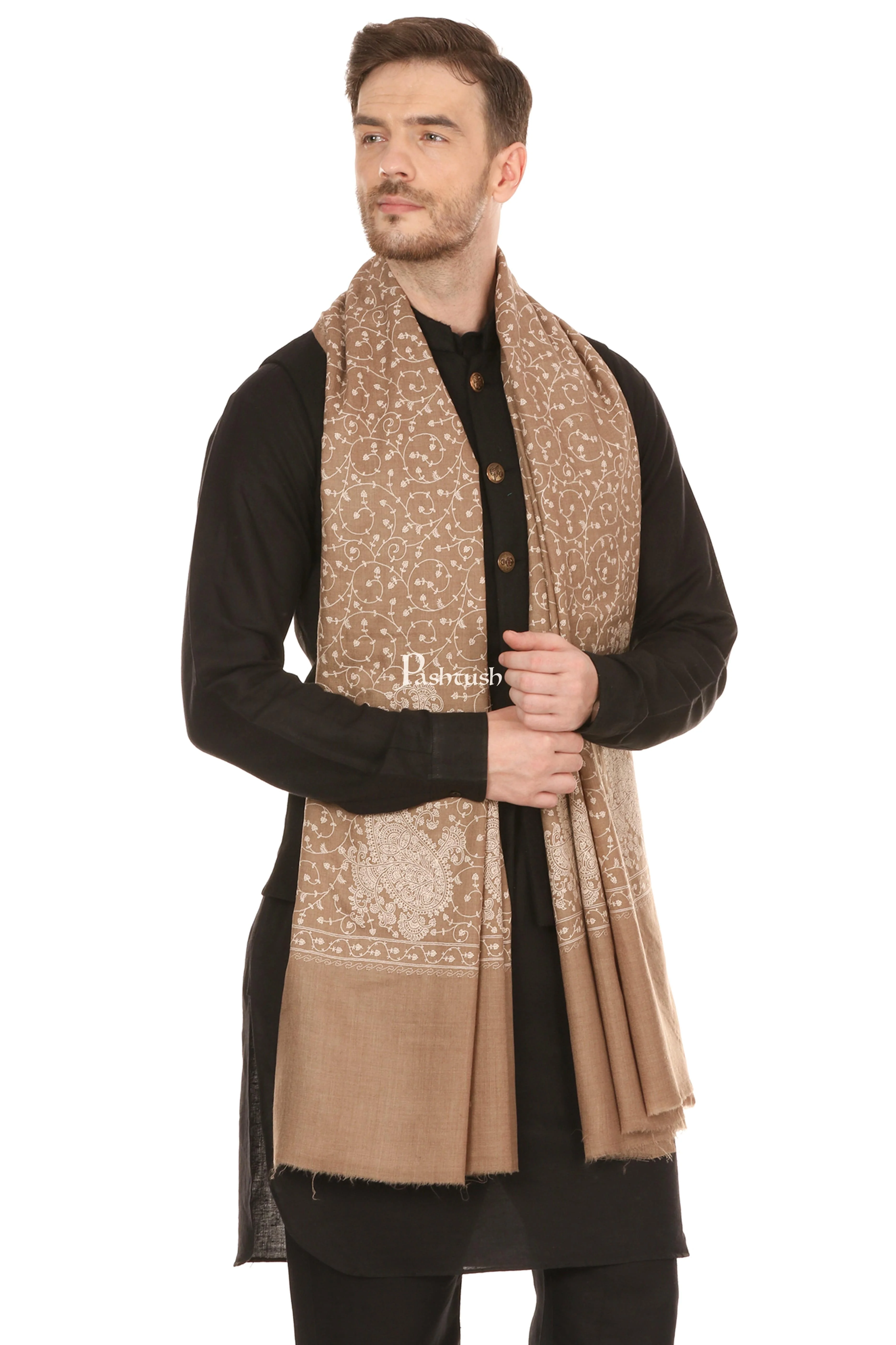 Pashtush Mens Tone On Tone Embroidery Stole - Natural Beige - Image 3