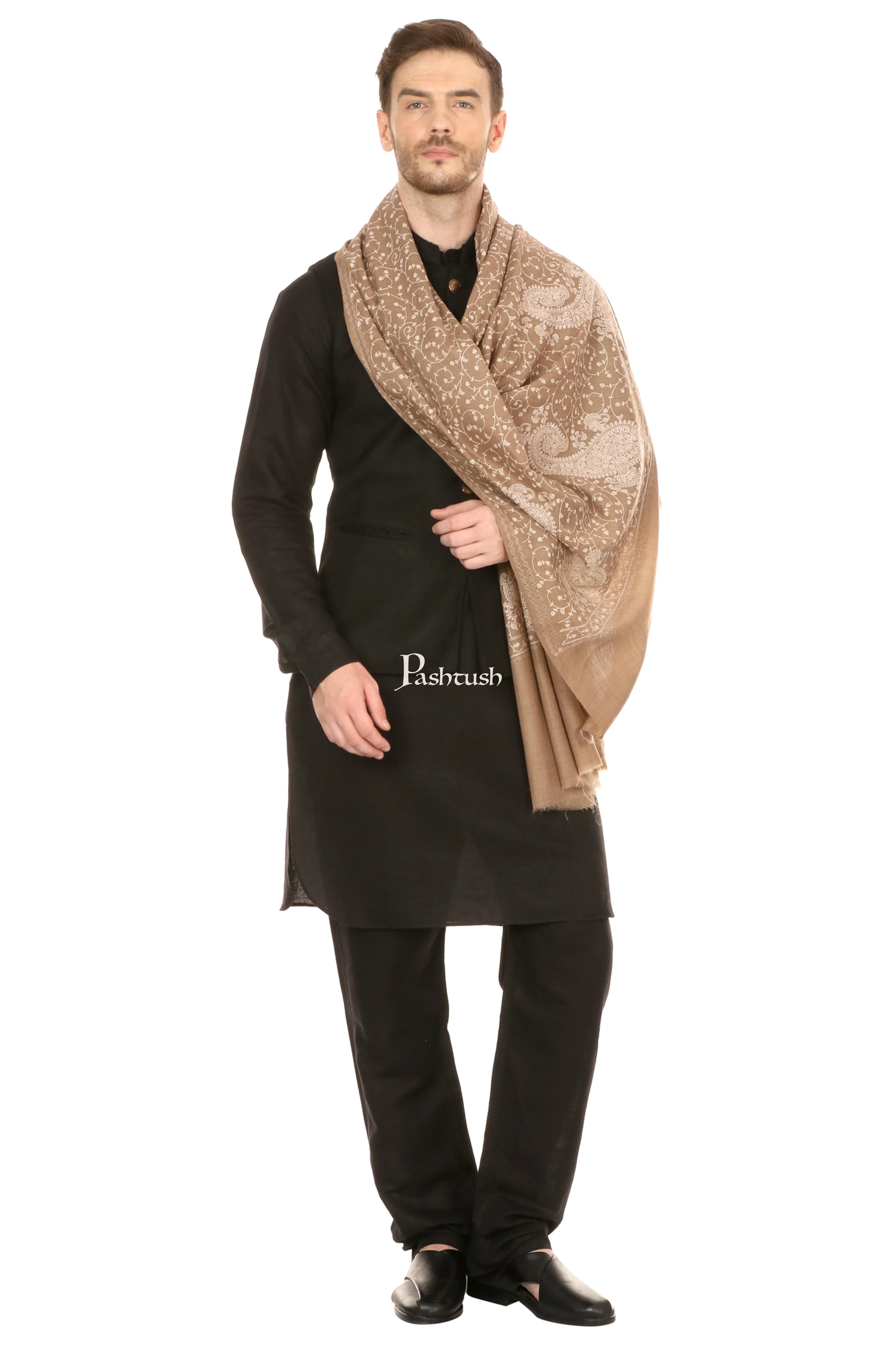Pashtush Mens Tone On Tone Embroidery Stole - Natural Beige - Image 4