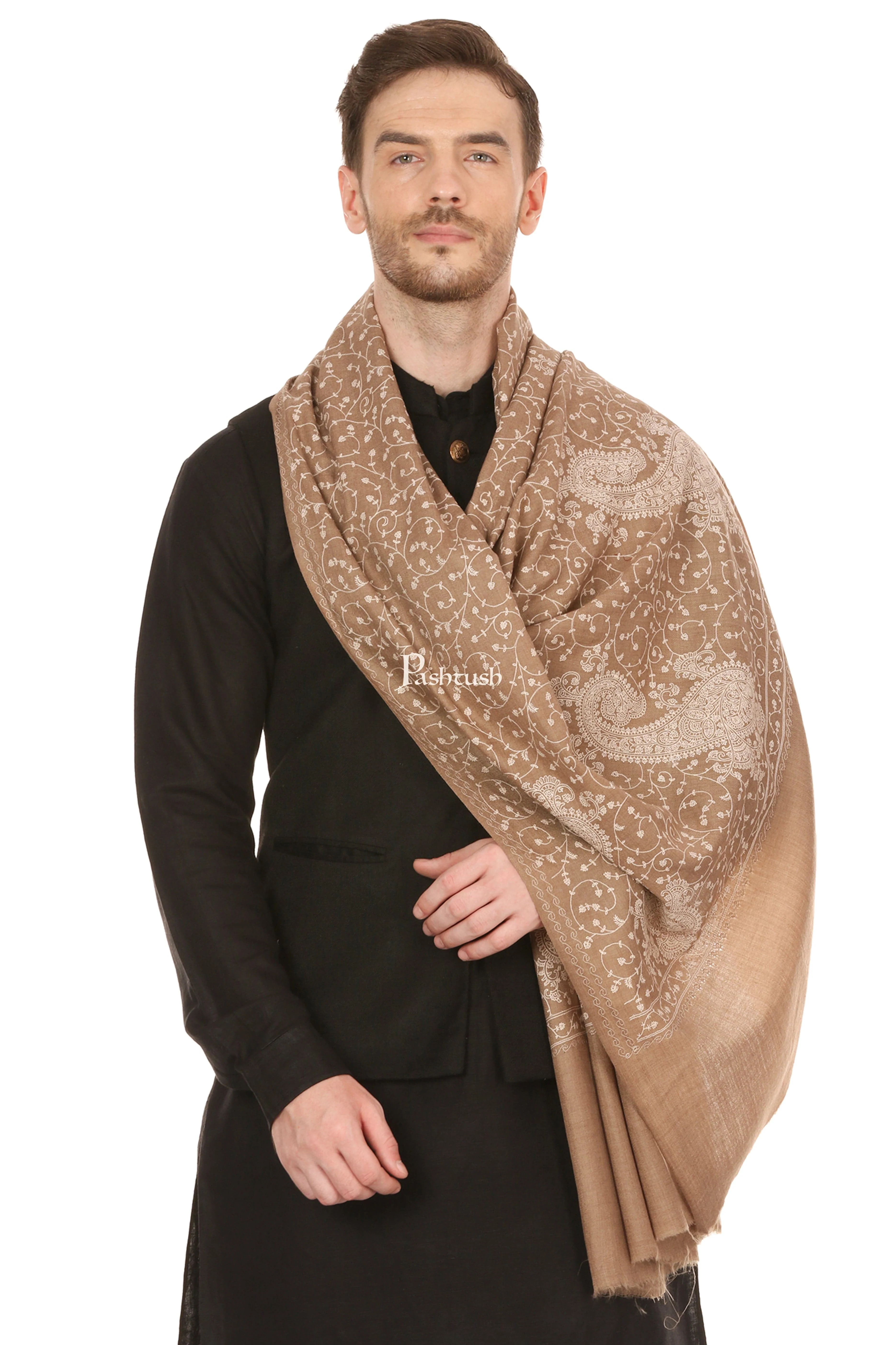 Pashtush Mens Tone On Tone Embroidery Stole - Natural Beige - Image 5