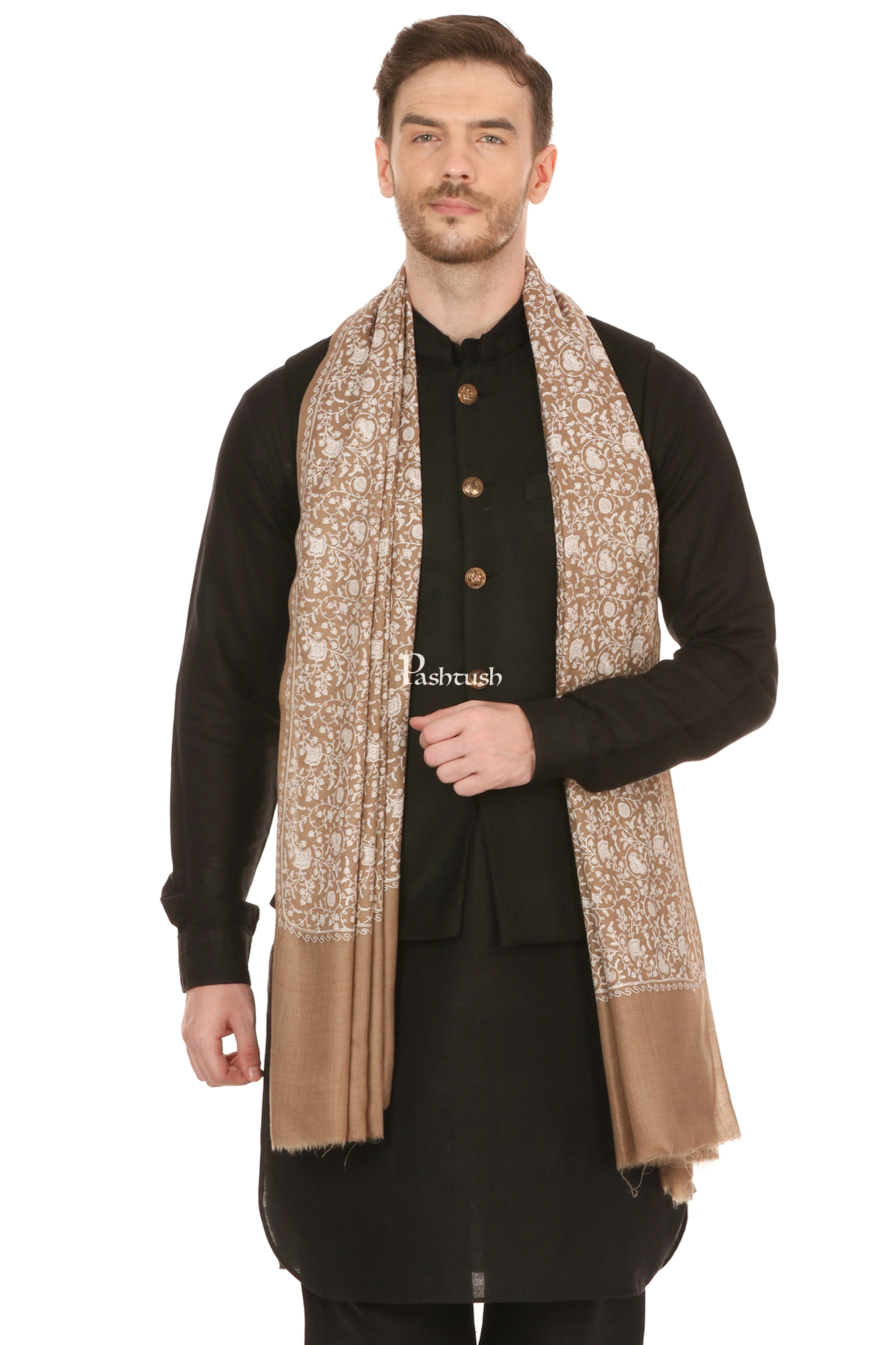 Pashtush Mens Tone On Tone Embroidery Stole - Taupe - Image 3