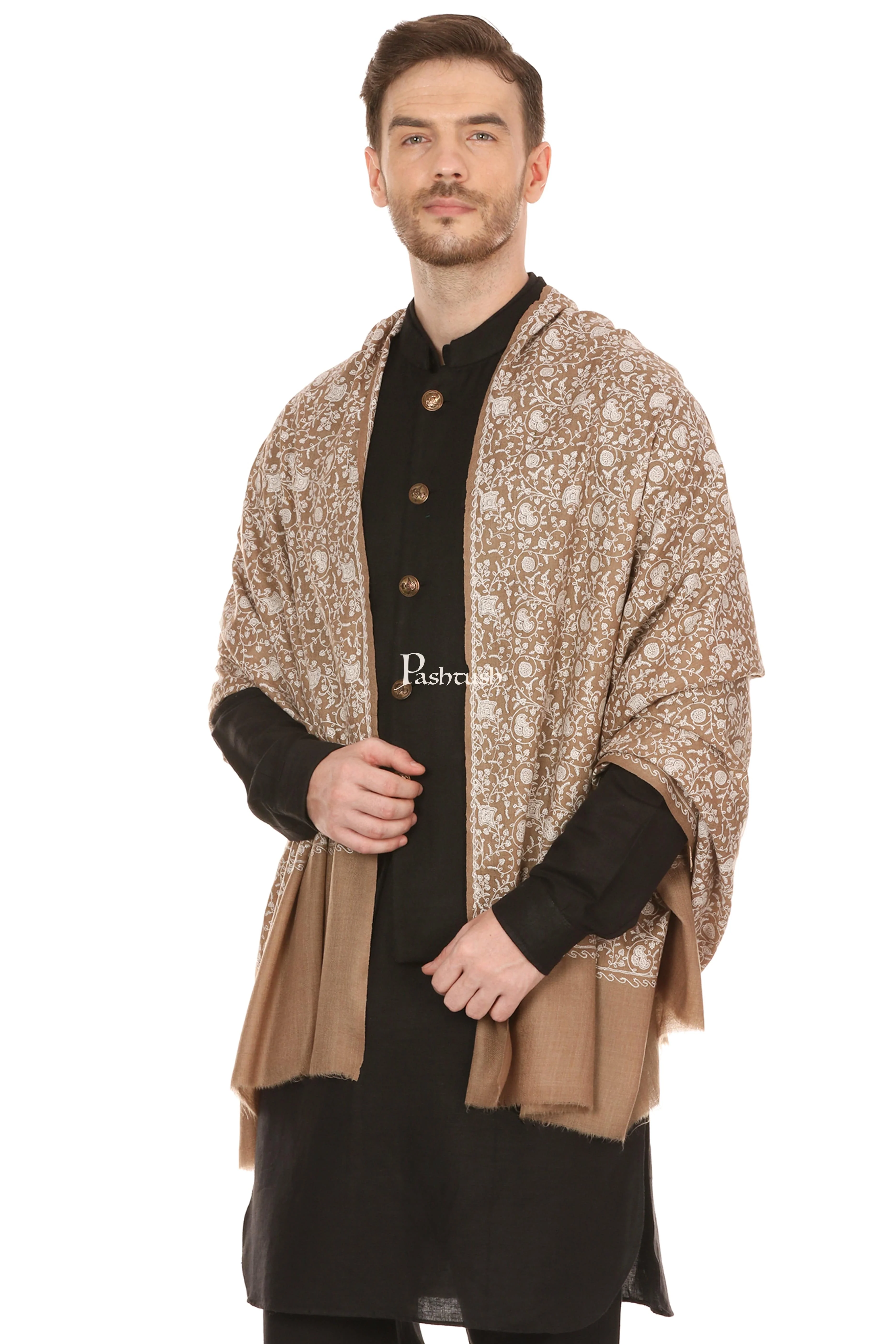 Pashtush Mens Tone On Tone Embroidery Stole - Taupe - Image 4