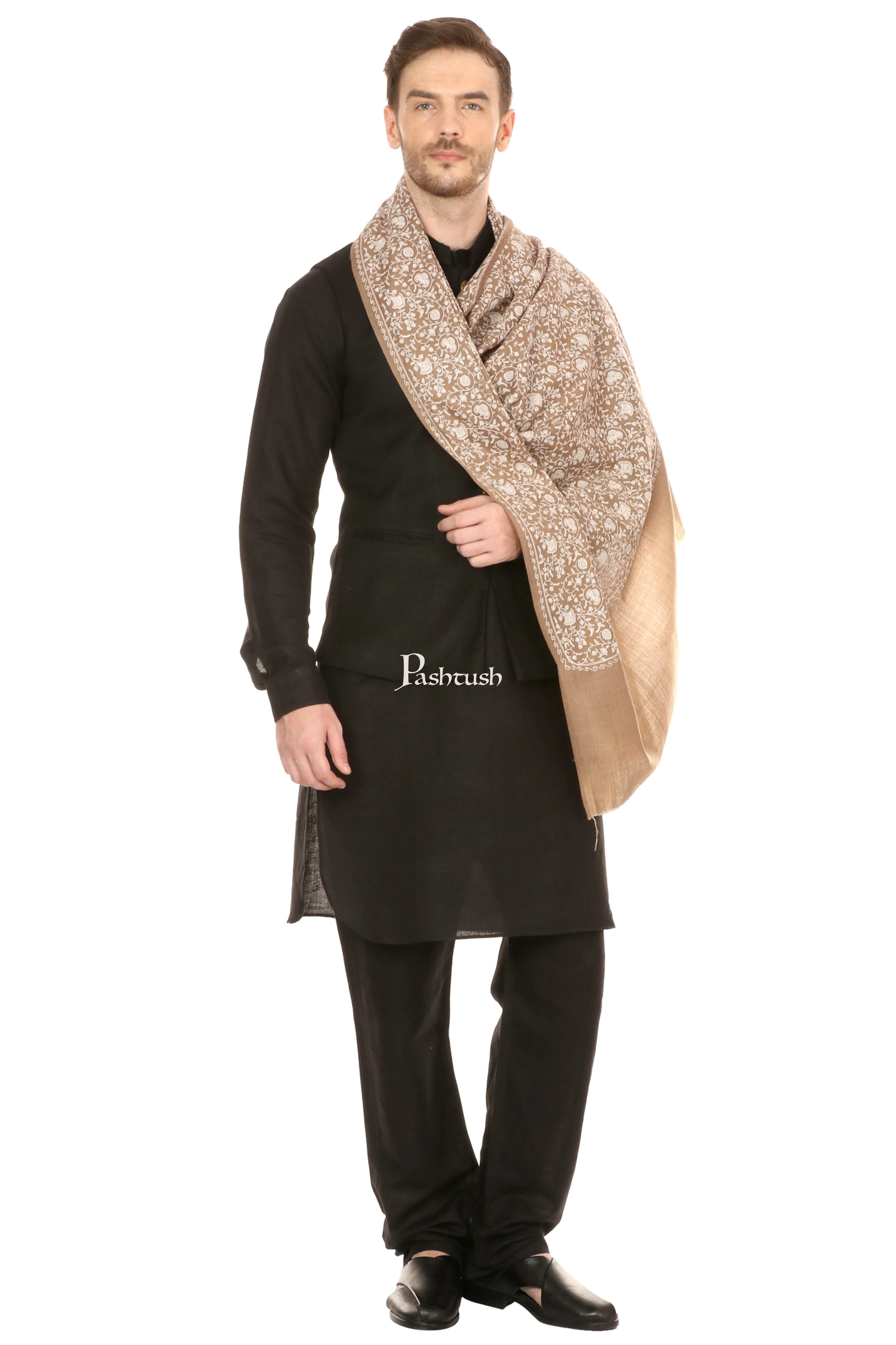 Pashtush Mens Tone On Tone Embroidery Stole - Taupe - Image 5