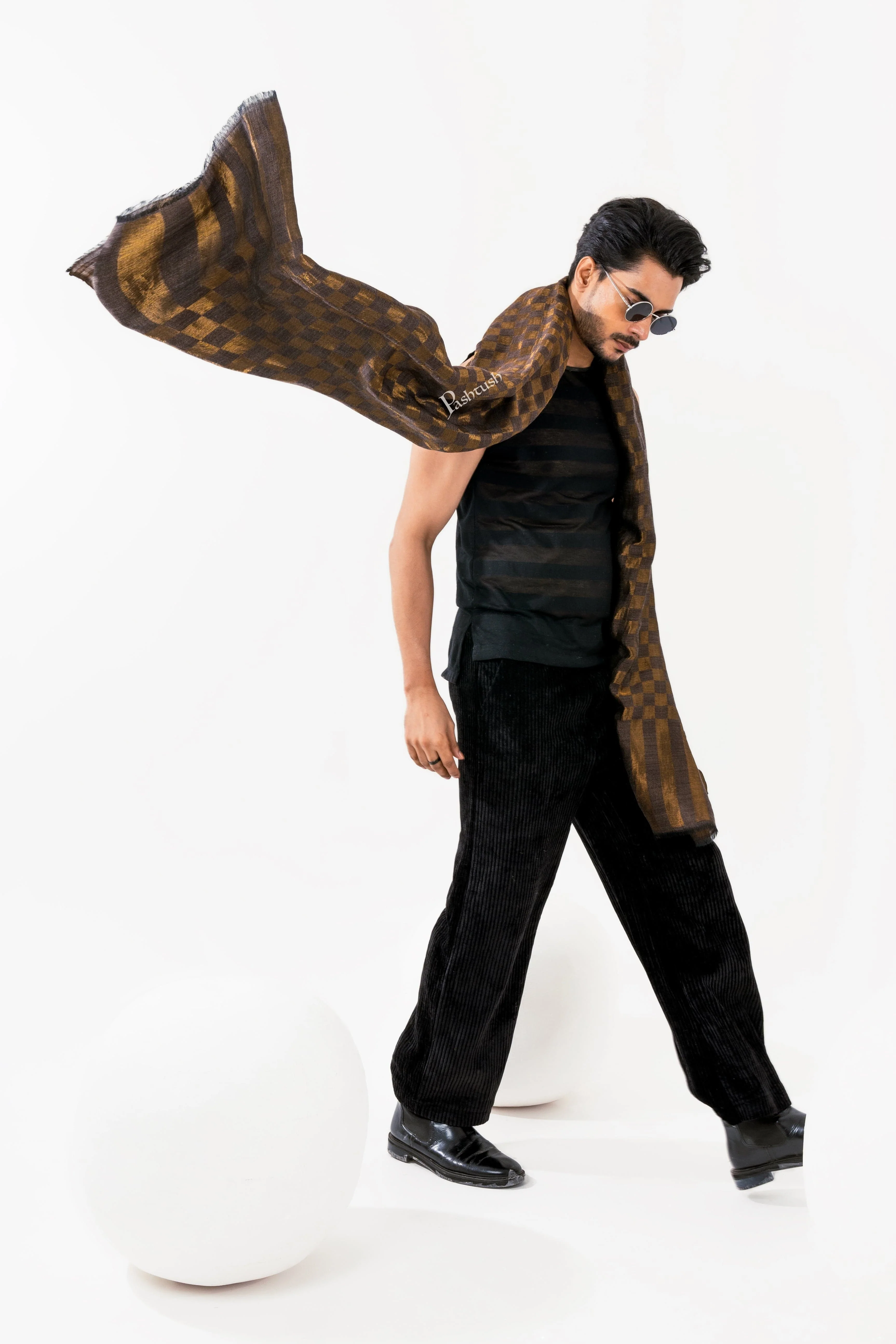 Pashtush Mens Twilight Collection, Checkered Metallic Thread Weave, Fine Wool, Gold Tuscan - Image 3