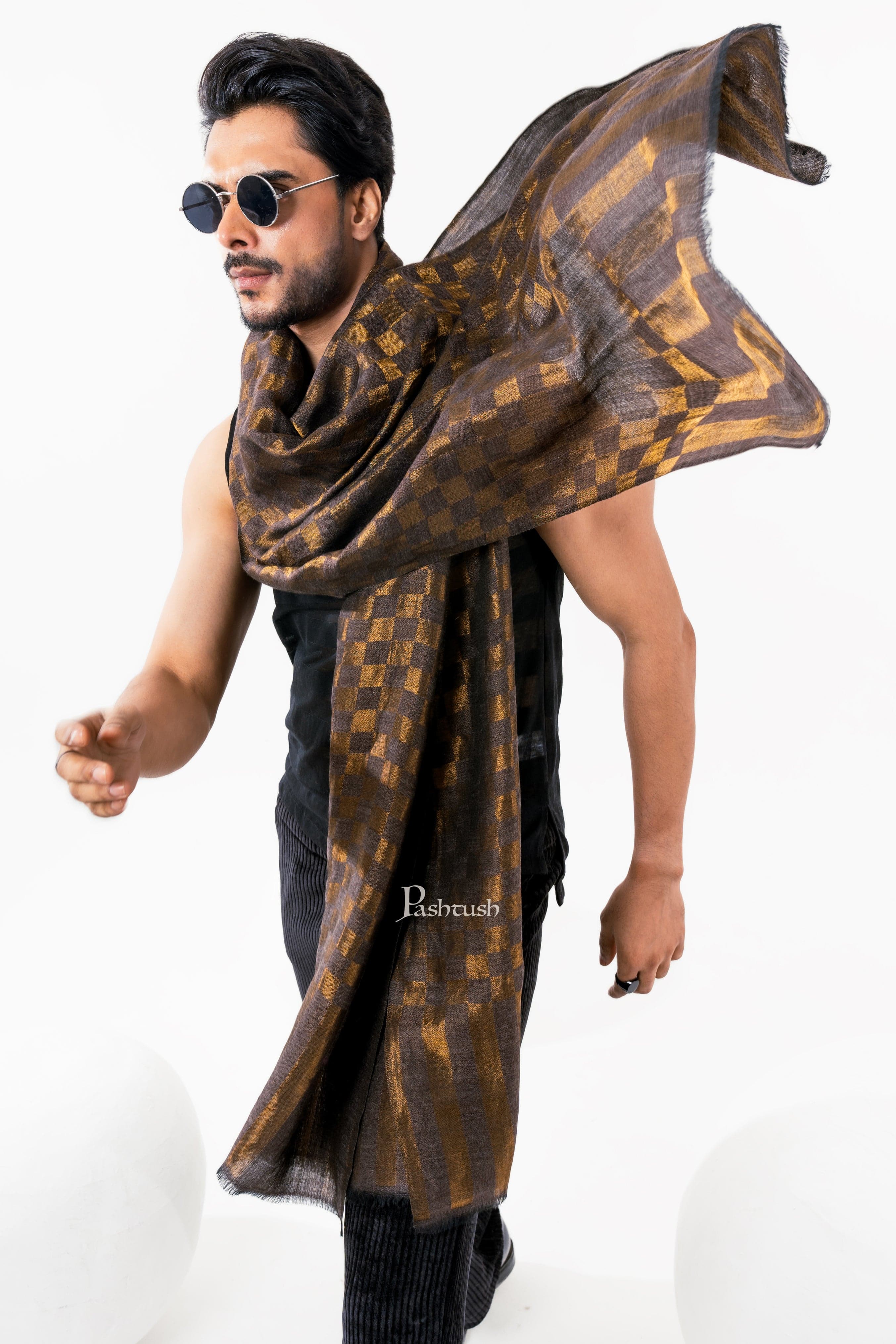 Pashtush Mens Twilight Collection, Checkered Metallic Thread Weave, Fine Wool, Gold Tuscan - Image 4
