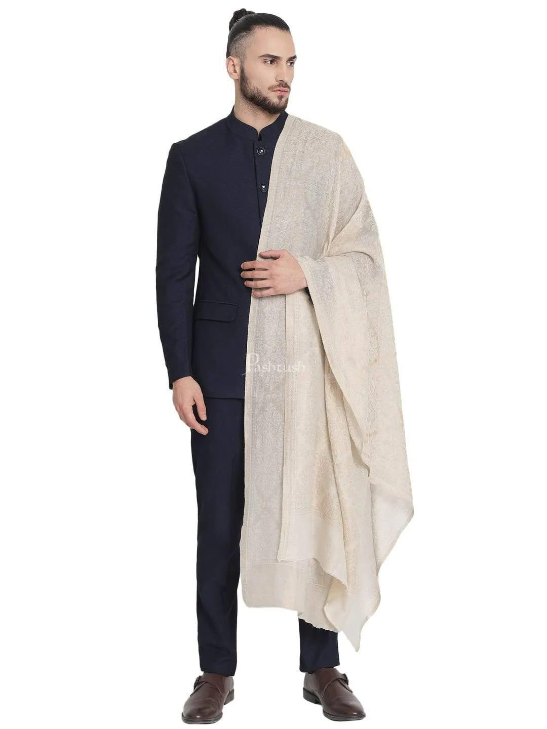 Pashtush Mens Twilight Collection, Jacquard Stole, With Metallic Thread Weave, Fine Wool - Image 3