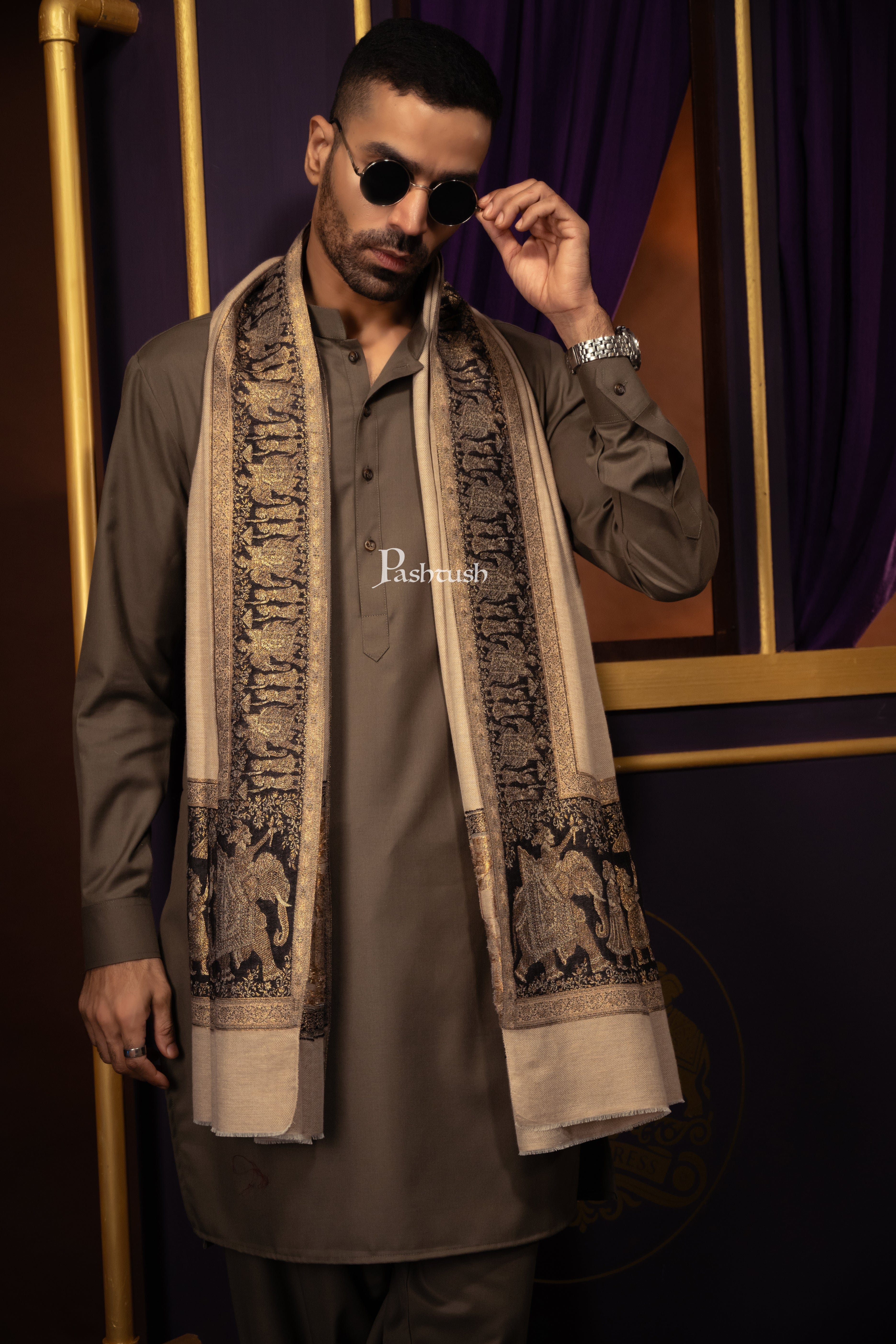 Pashtush Mens Twilight collection Stole, Darbar Palla Design, Fine Wool, Beige
