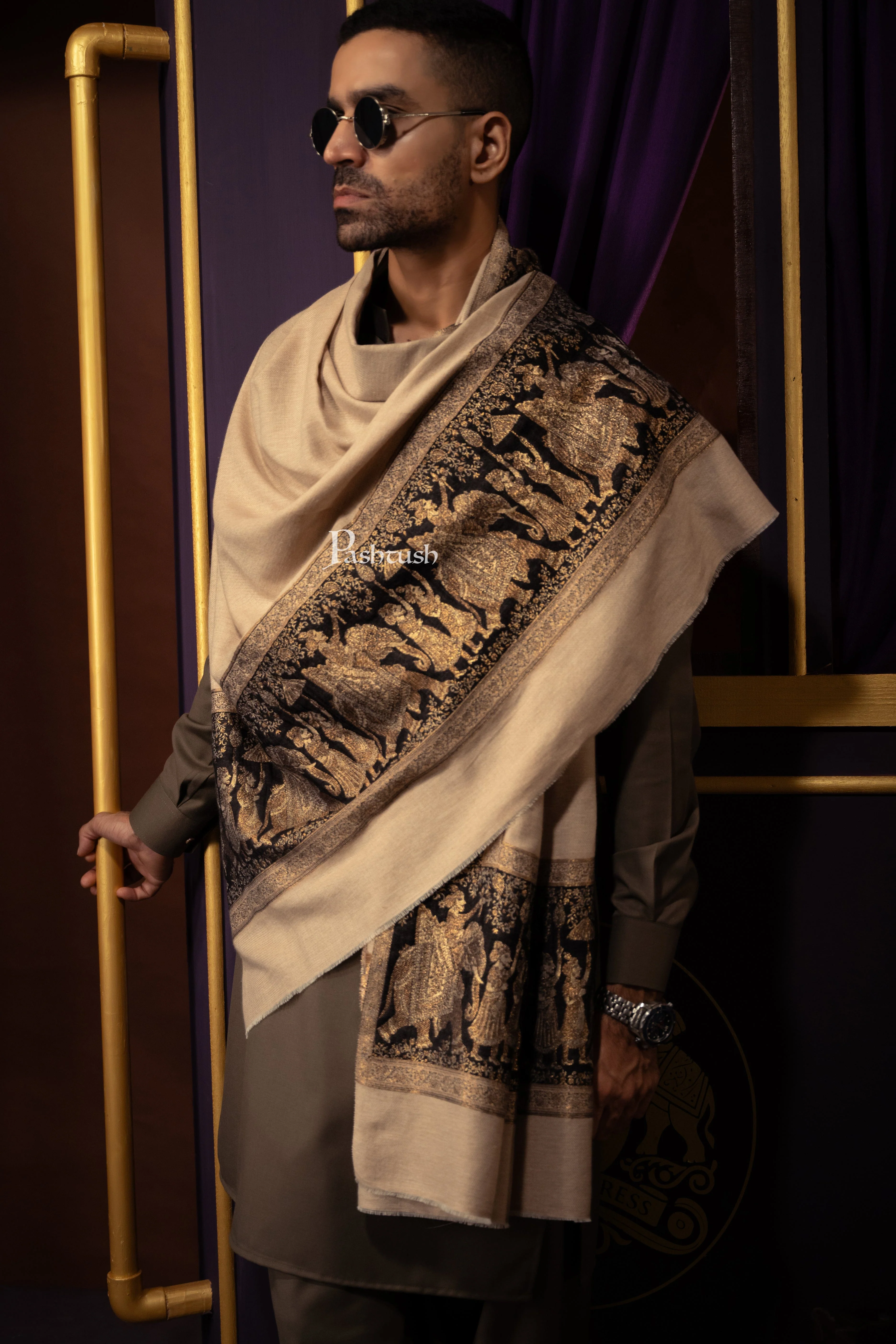 Pashtush Mens Twilight collection Stole, Darbar Palla Design, Fine Wool, Beige - Image 6